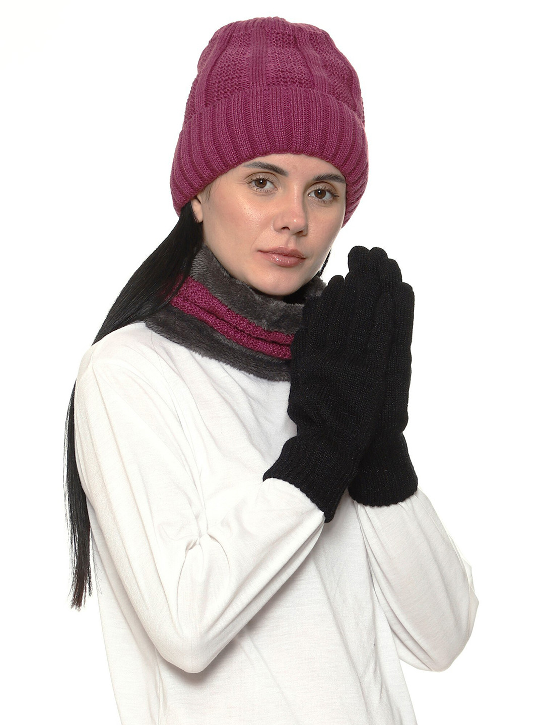 Gajraj Unisex Pink Acrylic Beanie, Neck Warmer Scarf and Gloves Set (3 Pieces)