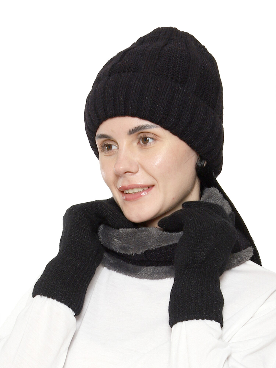 Gajraj Unisex Black Acrylic Beanie, Neck Warmer Scarf and Gloves Set (3 Piece)