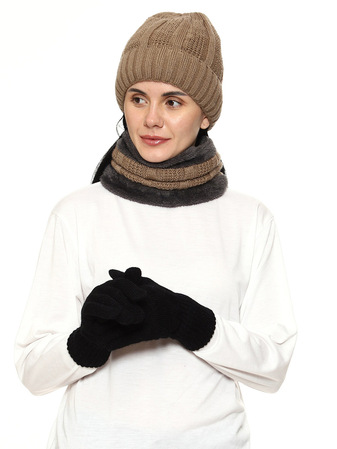 Gajraj Unisex Beige Acrylic Beanie, Neck Warmer Scarf and Gloves Set (3 Piece)