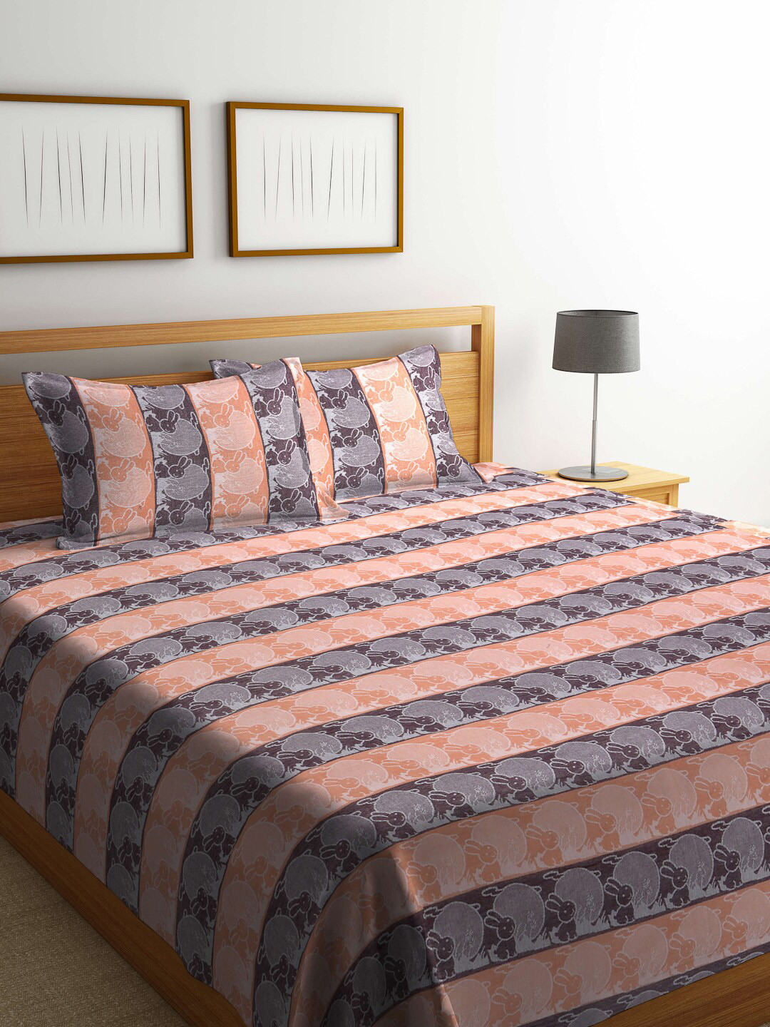 KLOTTHE Grey & Peach Woven Design 349 TC Pure Cotton Double King Size Bed Covers