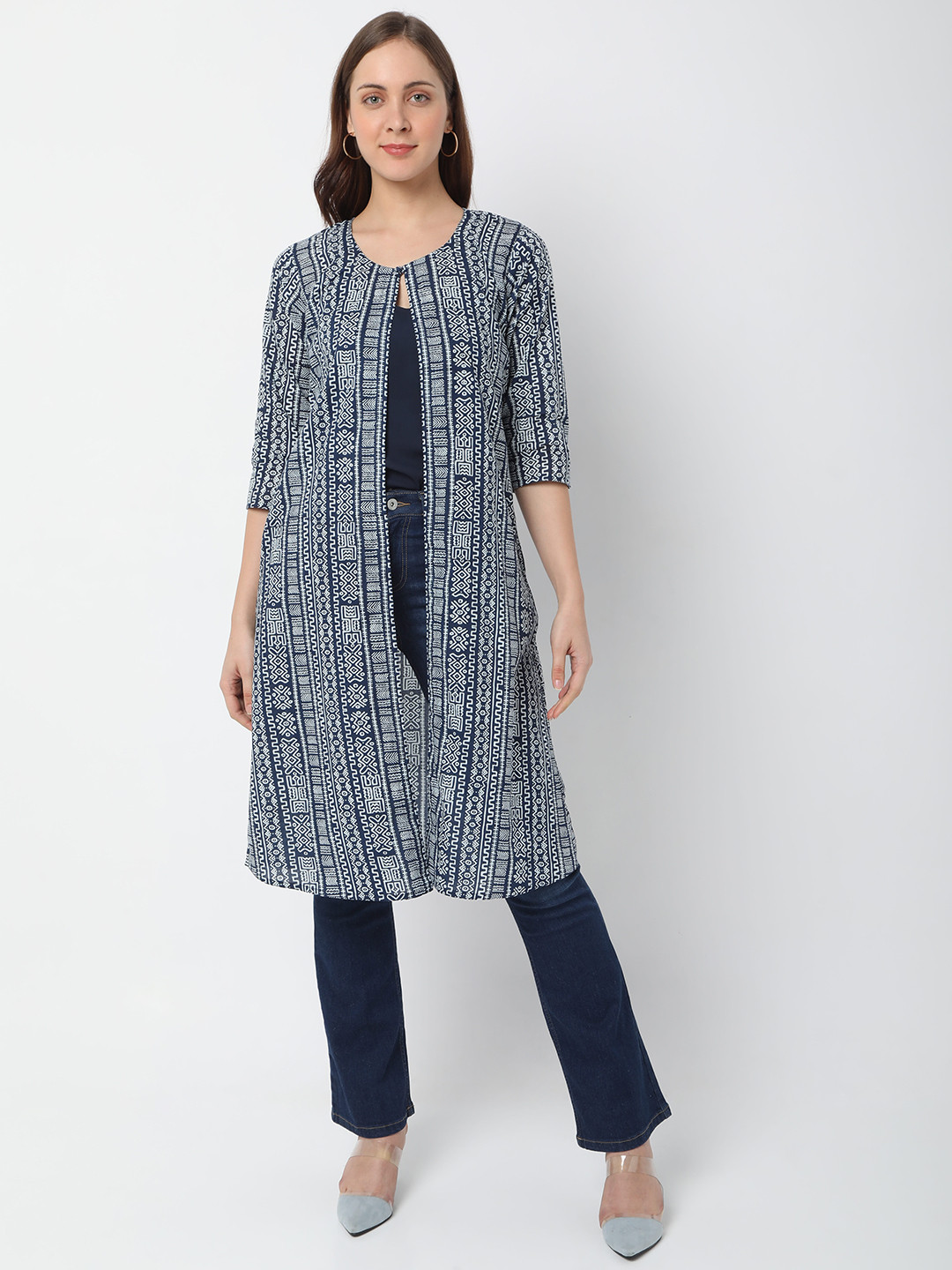 Smarty Pants Women Blue & White Printed Longline Shrug