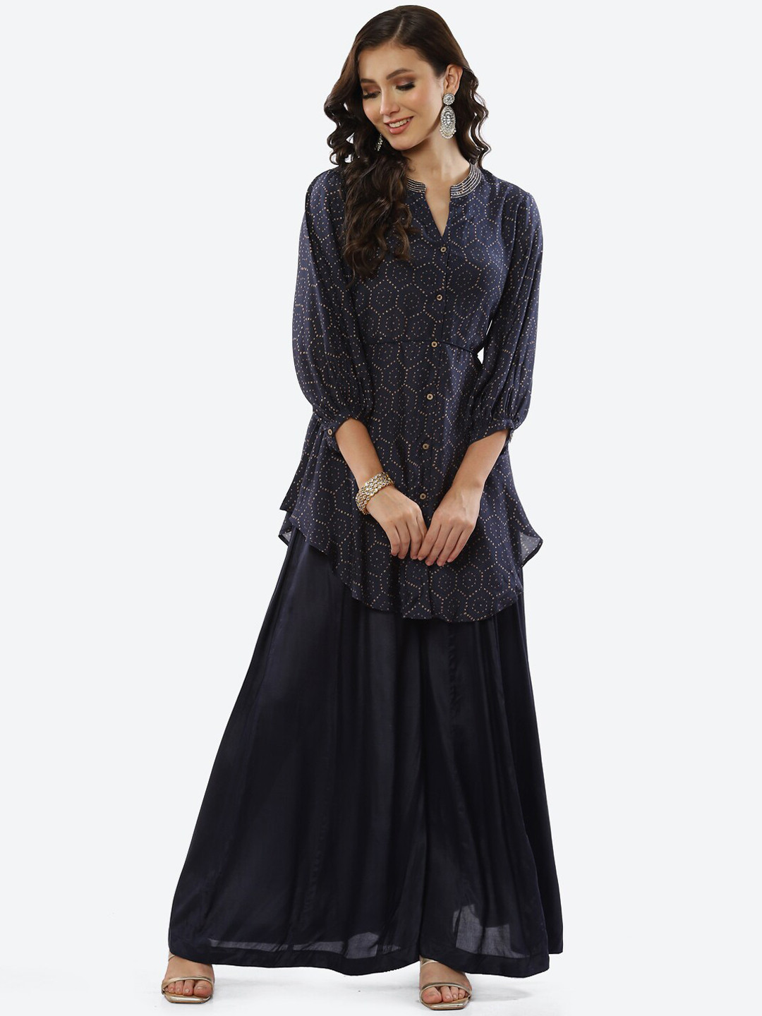 Biba Women Navy Blue Printed Kurti with Palazzos