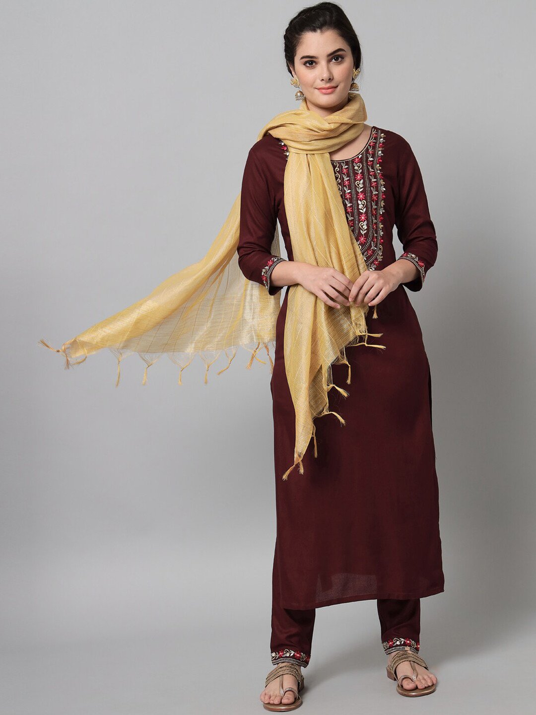 Tulsattva Women Burgundy Floral Embroidered Thread Work Kurta with Trousers & With Dupatta
