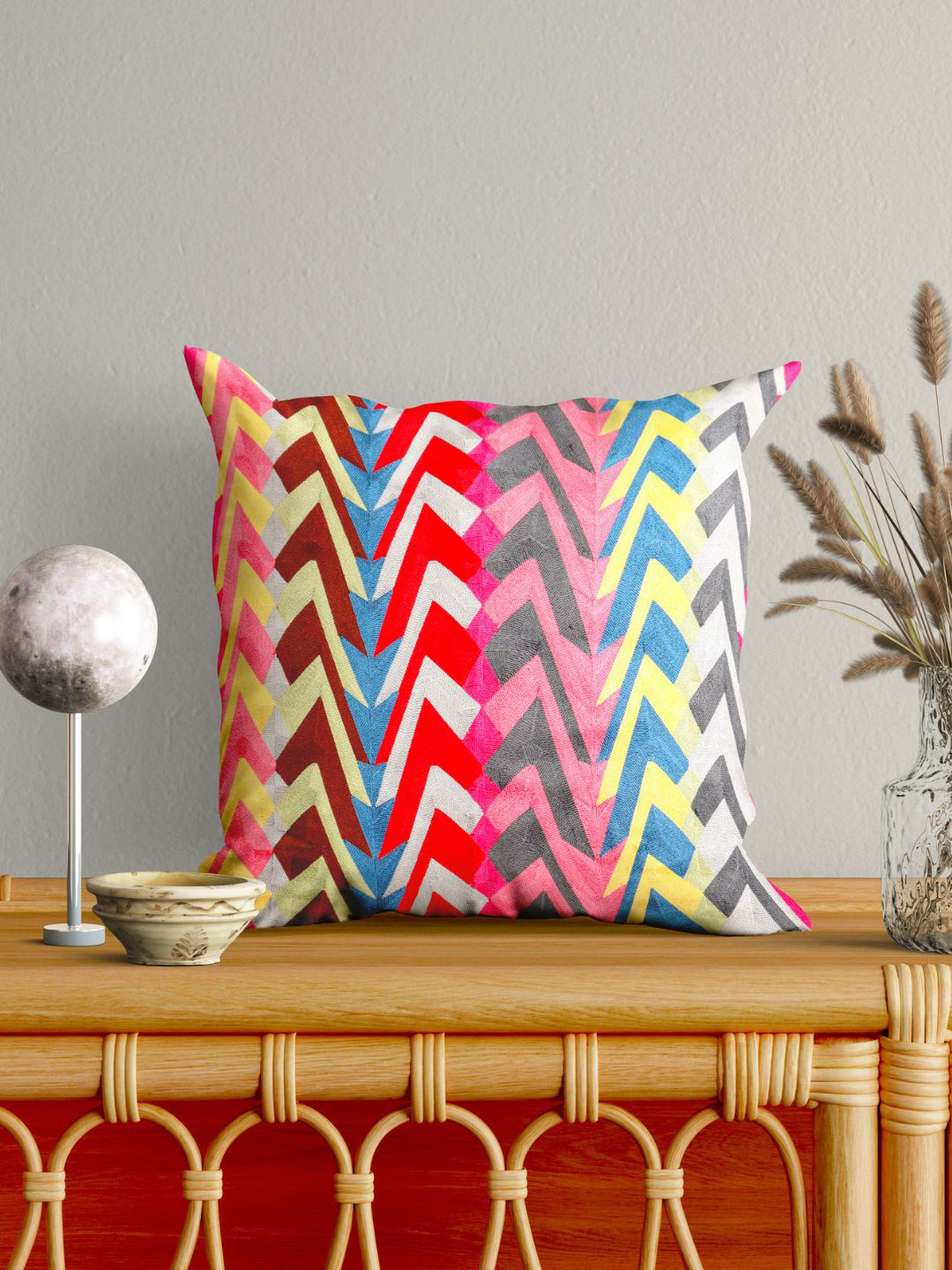 SHADES of LIFE White & Red Geometric Square Cushion Cover