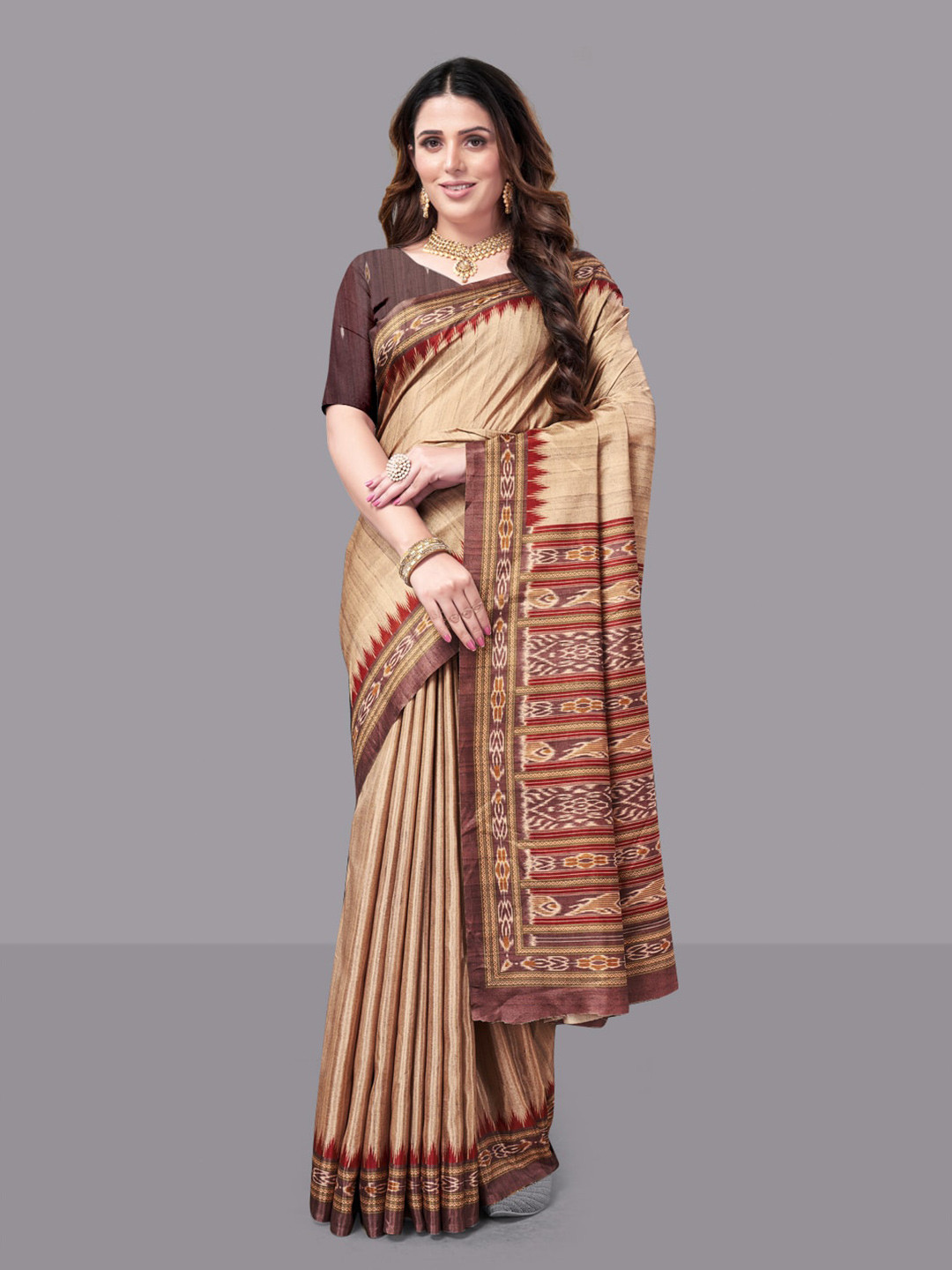 HERE&NOW Grey And Maroon Ethnic Motifs Ikat Saree