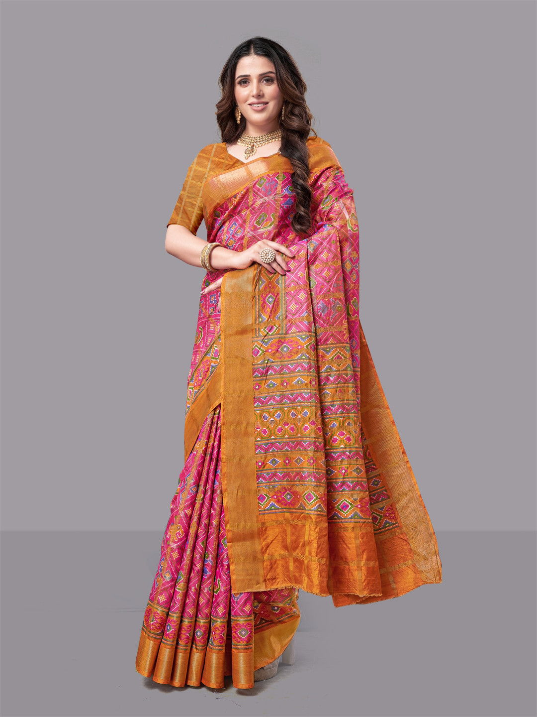 HERE&NOW Pink And Orange Geometric Print Zari Ikat Saree