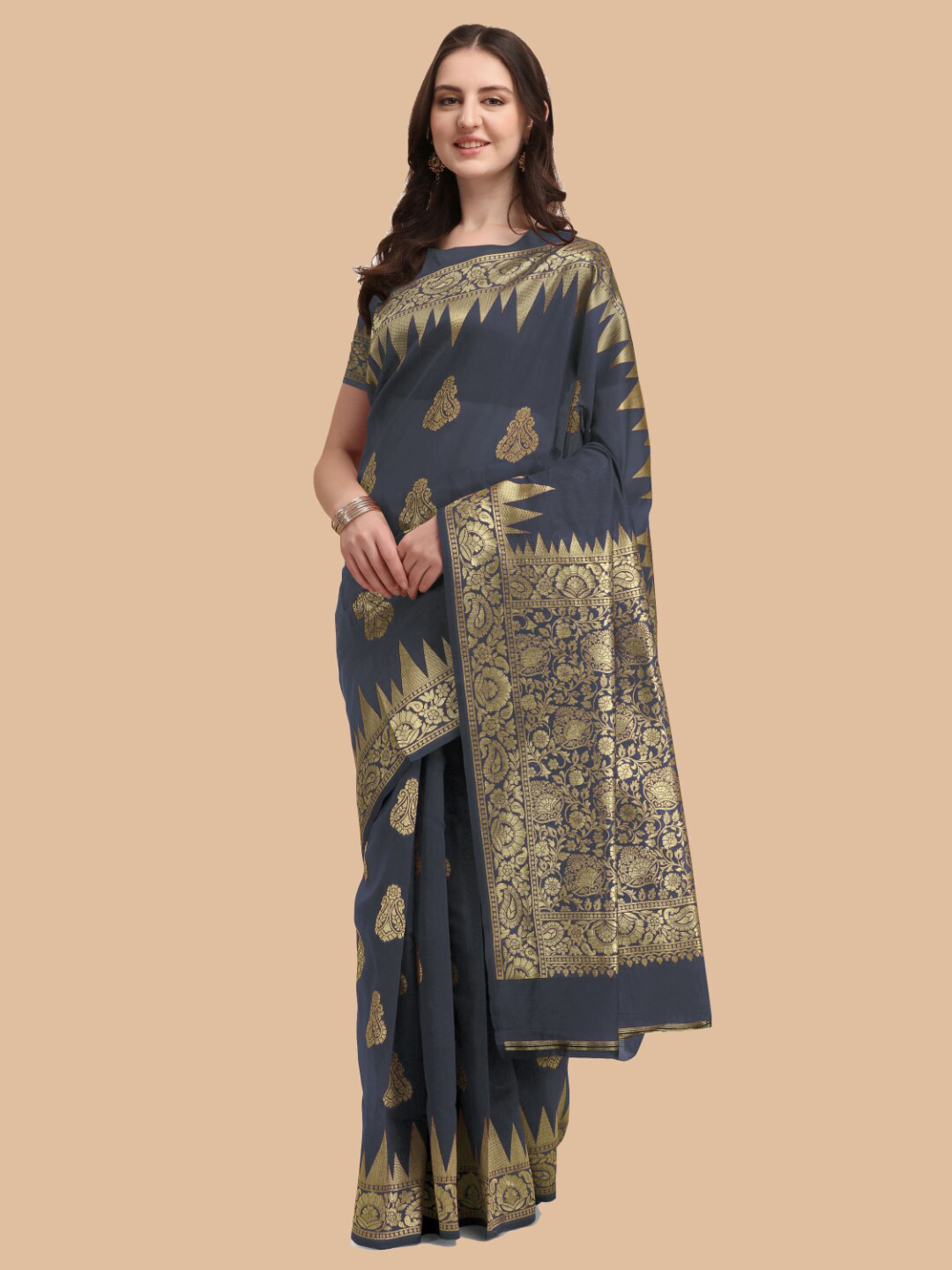 Kasak Grey & Gold-Toned Paisley Zari Silk Cotton Saree