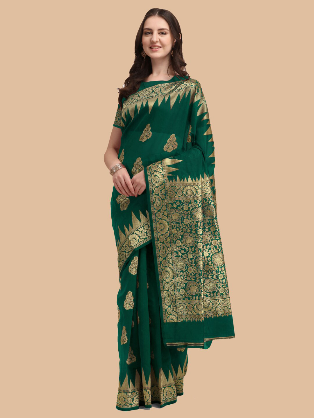 Kasak Green & Gold-Toned Paisley Zari Silk Cotton Saree
