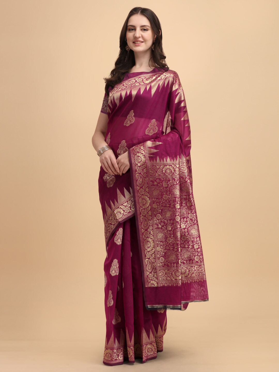Kasak Purple & Gold-Toned Paisley Zari Silk Cotton Saree