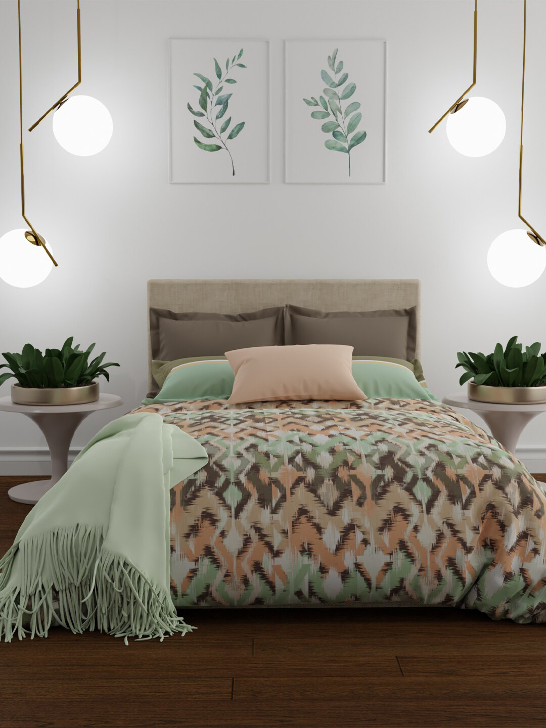 MYTRIDENT Olive Green  Peach-Coloured Geometric 144 TC Double Queen Bedding Set