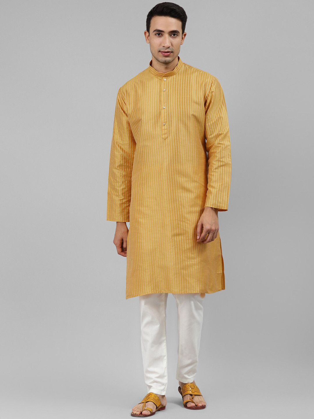 MANQ Men Yellow Striped Kurta with Pyjamas