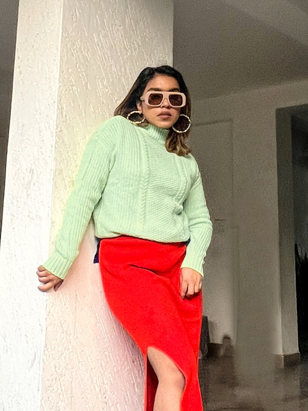 Tokyo Talkies Women Green Turtle Neck Cable Knit Pullover