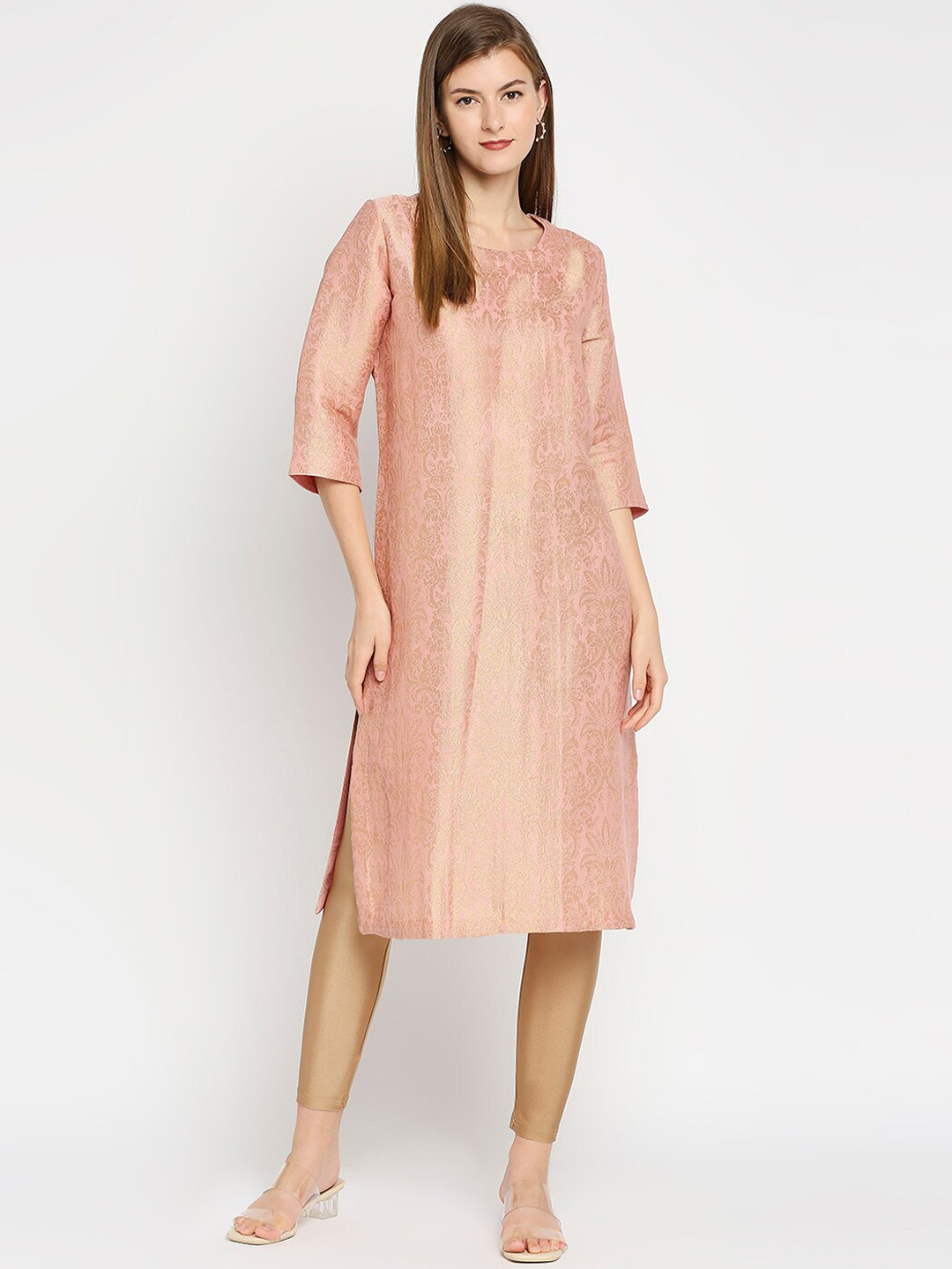 Cloth Haus India Women Peach-Coloured & Goldweave Brocade Kurta