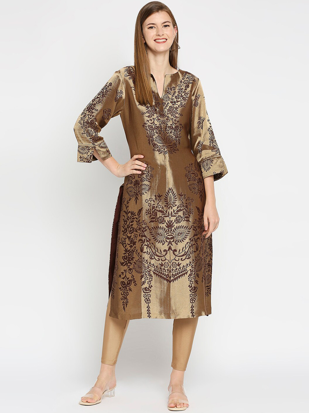 Cloth Haus India Women Brown & Gold-Toned Ethnic Motifs Jacquard Kurta