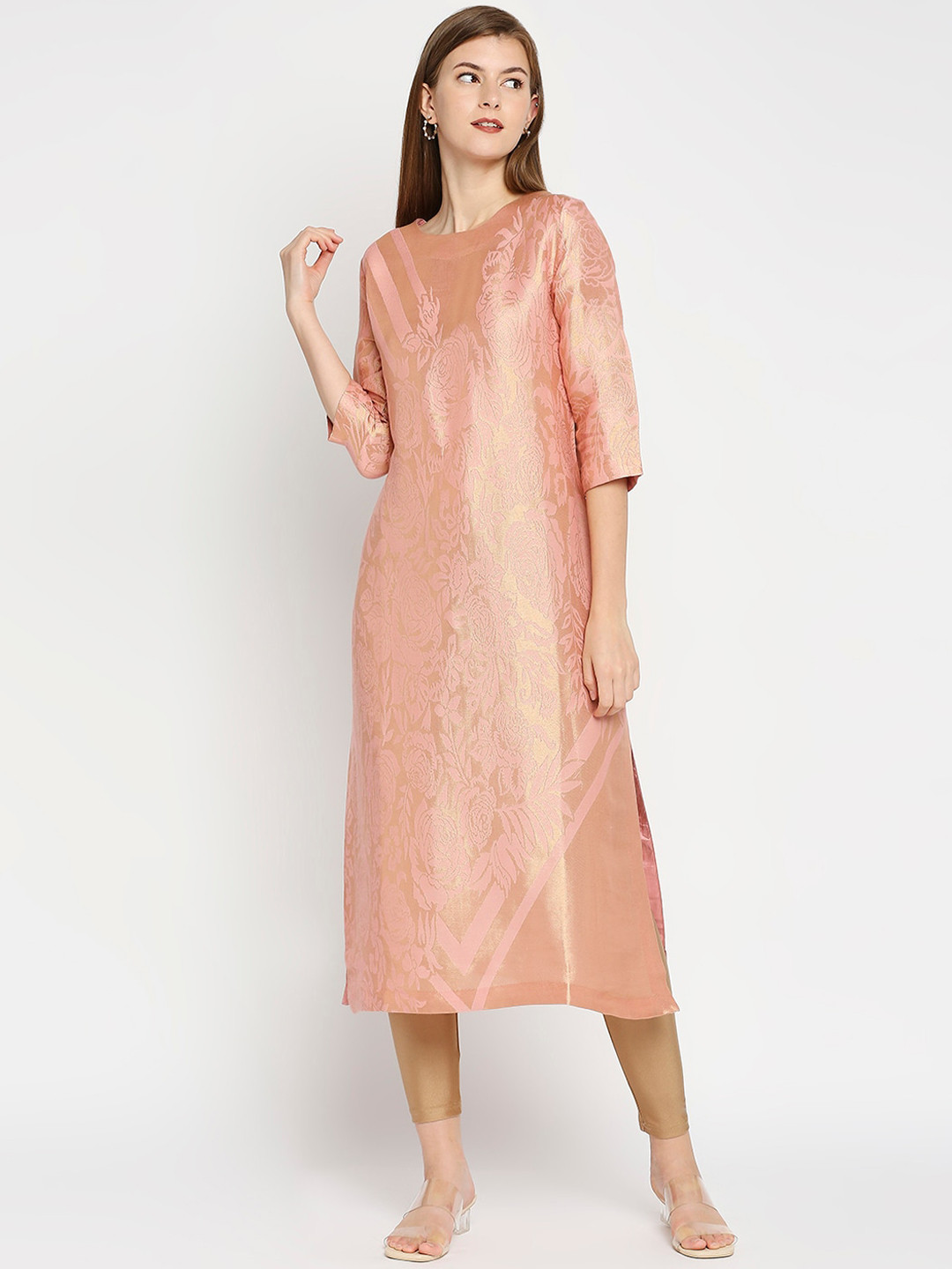 Cloth Haus India Women Pink Floral Design Modal Straight Brocade Kurta
