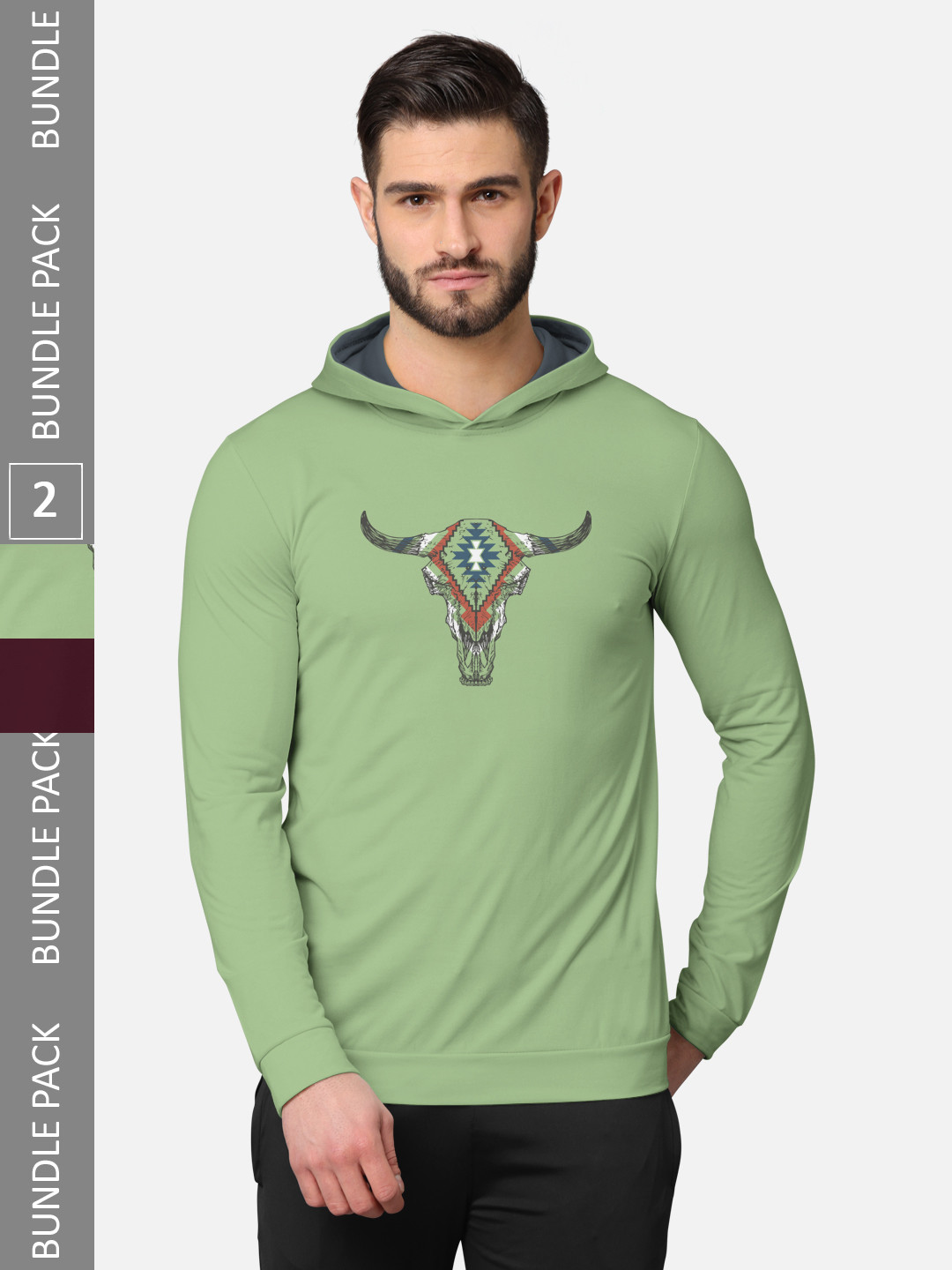 BULLMER Men Pack of 2 Green & Burgundy Long Sleeves T-shirt