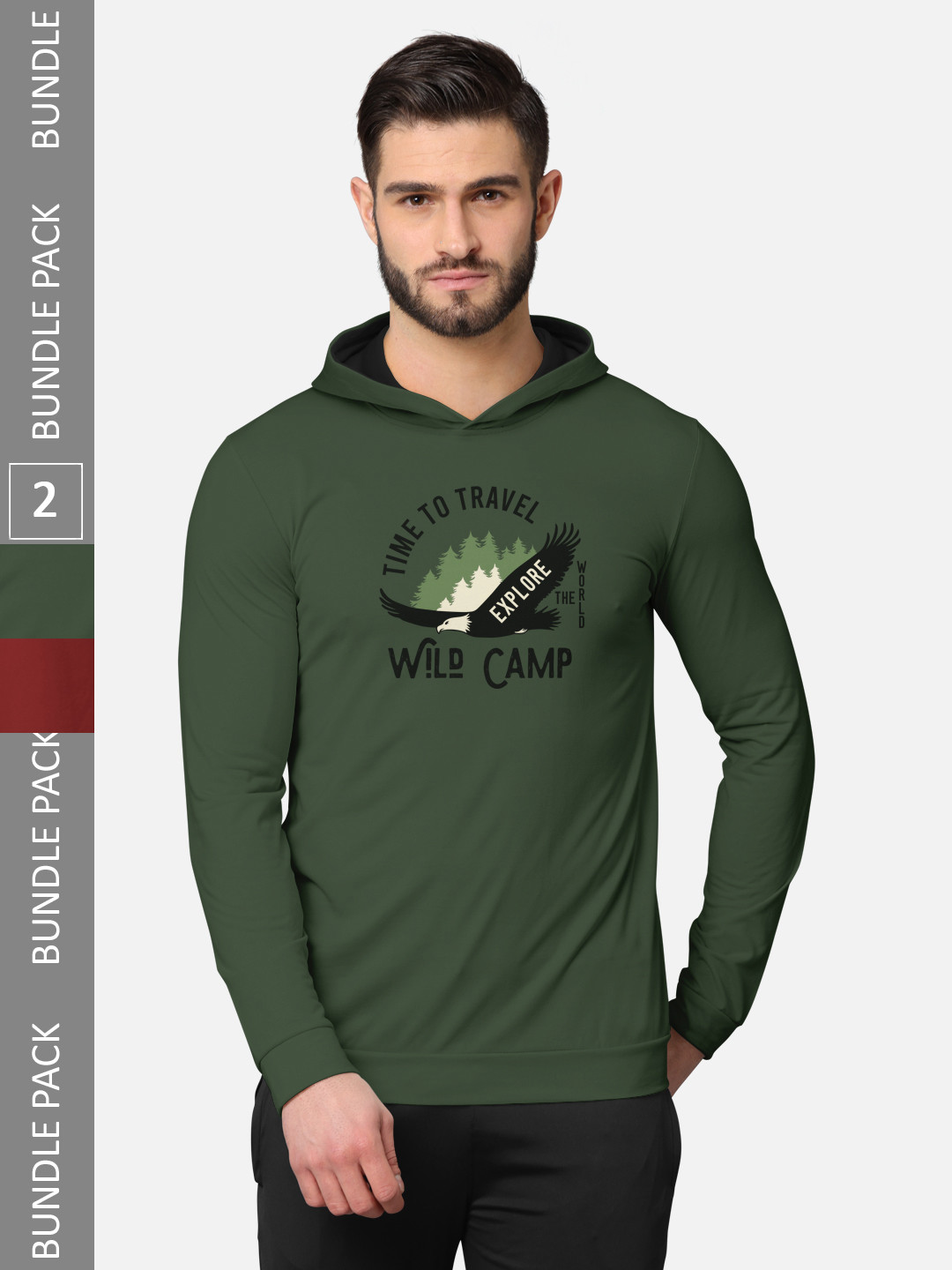 BULLMER Men Pack of 2 Olive Green & Red Long Sleeves T-shirt