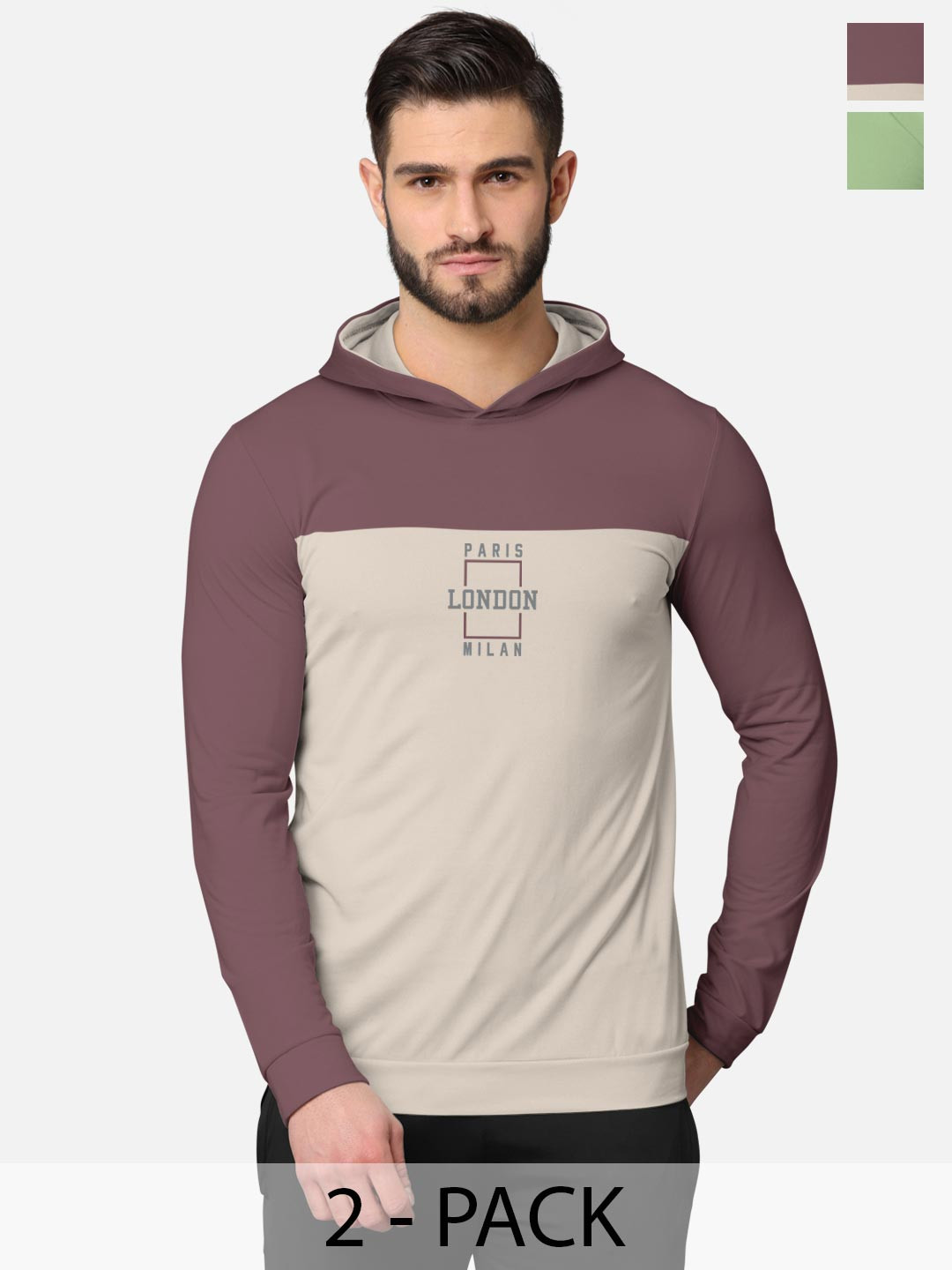 BULLMER Men Pack Of 2 Taupe & Light Green Front & Back Printed Hooded Sweatshirts