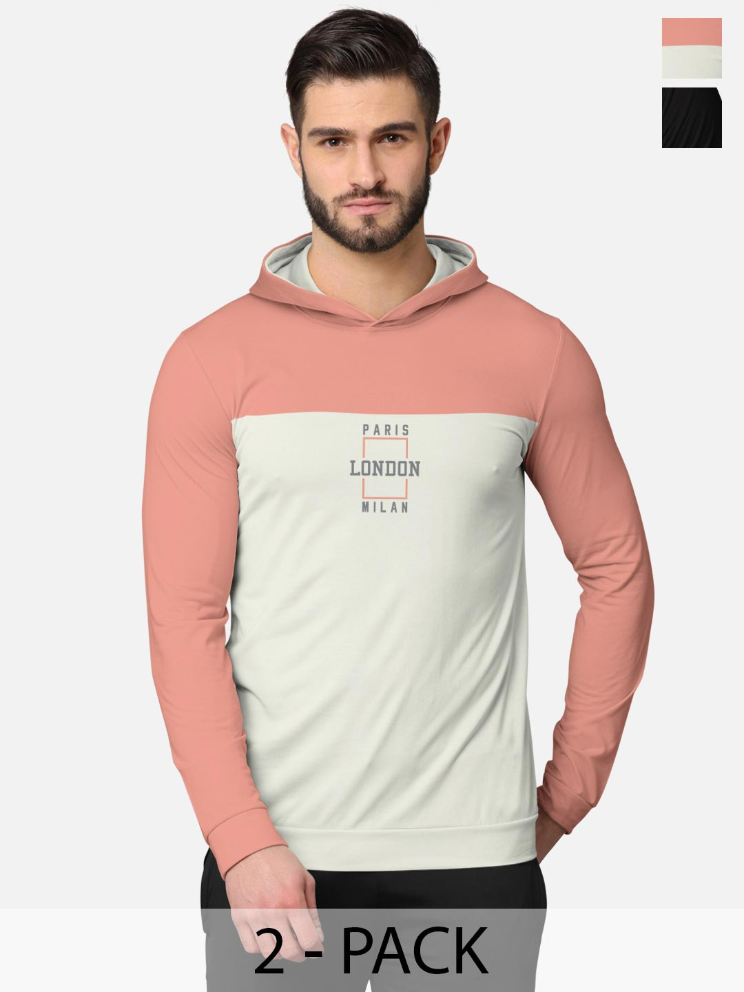 BULLMER Men Pack Of 2 Pink & Black Front & Back Printed Hooded Sweatshirts