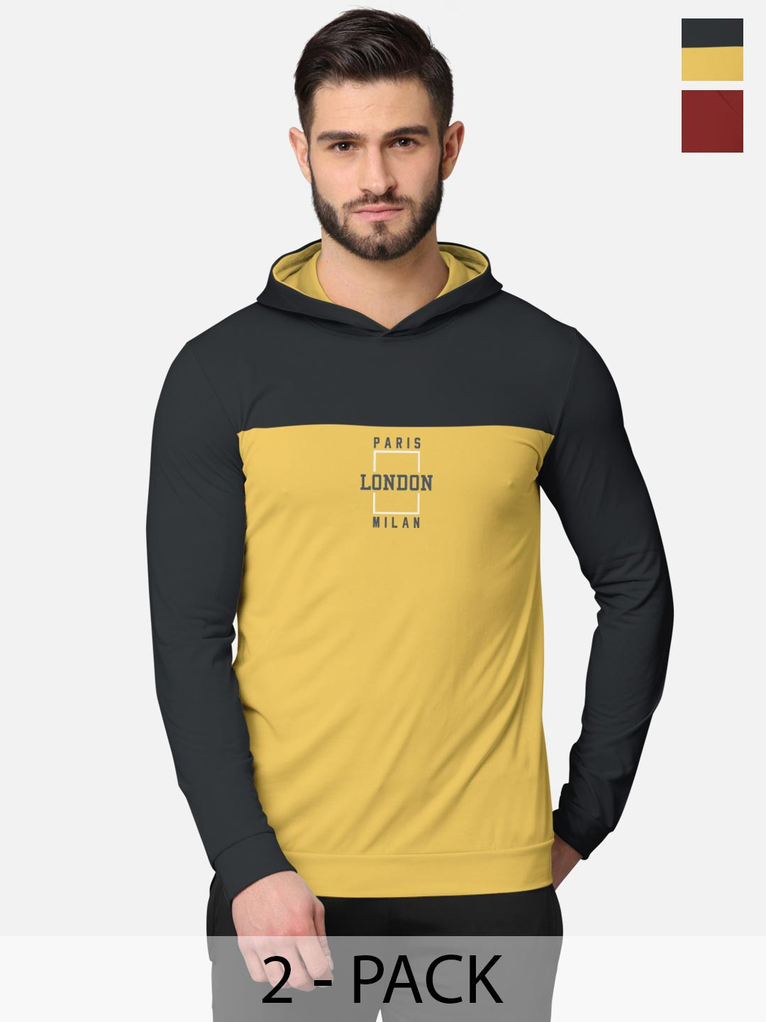 BULLMER Men Pack Of 2 Grey & Rust Red Front & Back Printed Hooded Sweatshirts