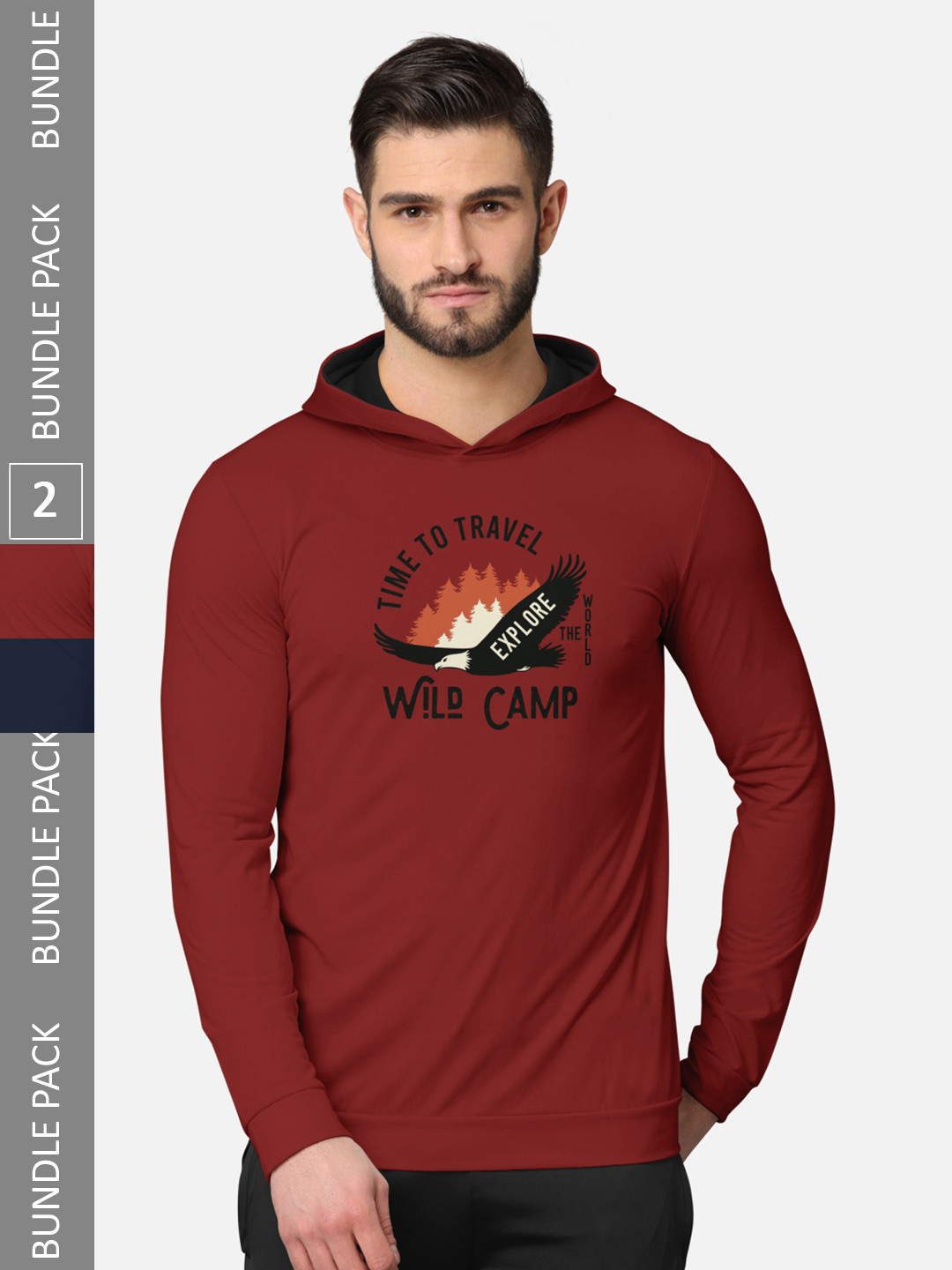 BULLMER Men Pack of 2 Red & Navy Blue Printed Hooded Sweatshirt