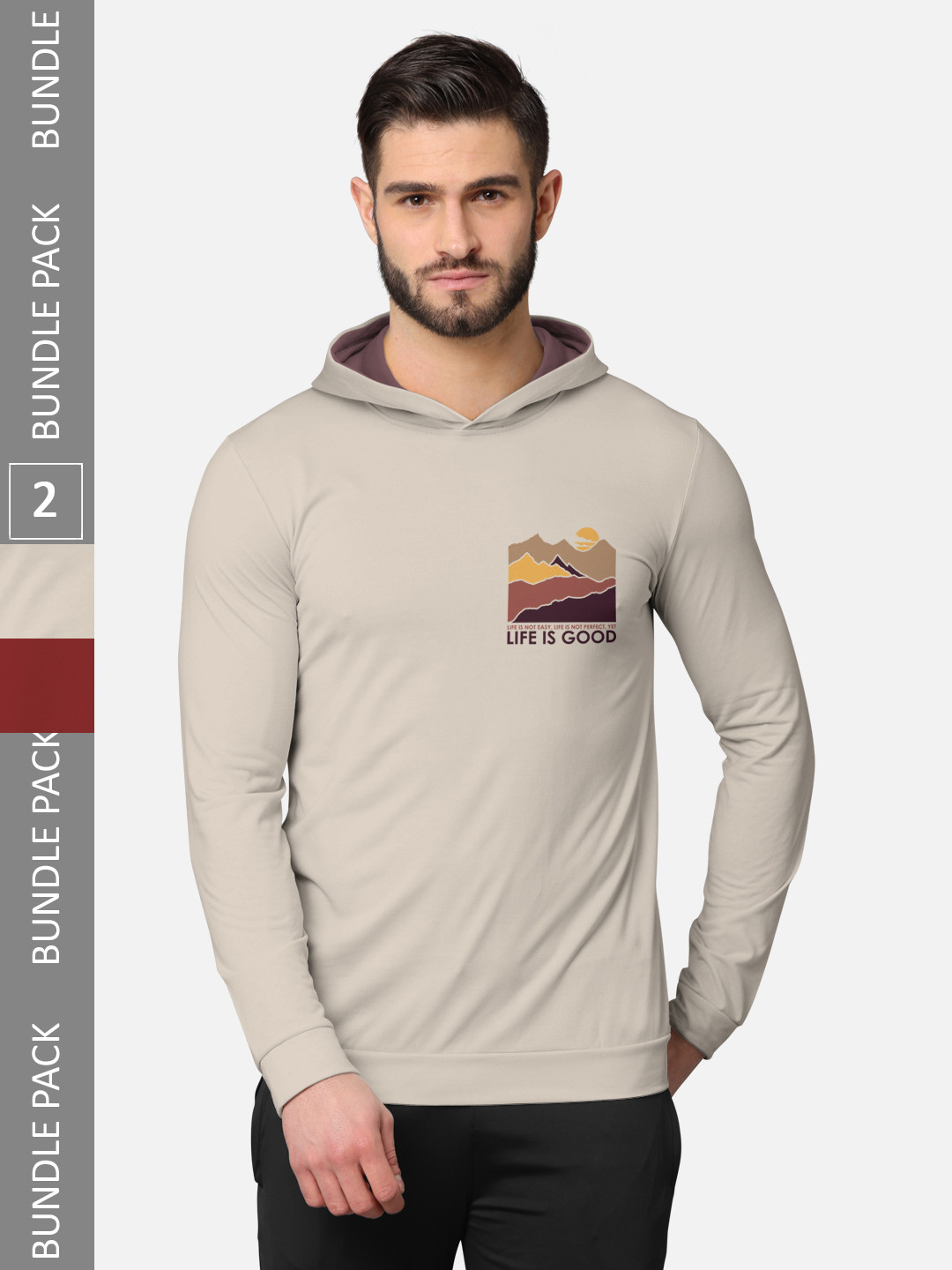 BULLMER Men Pack Of 2 Beige & Navy Blue Front & Back Printed Hooded Sweatshirts