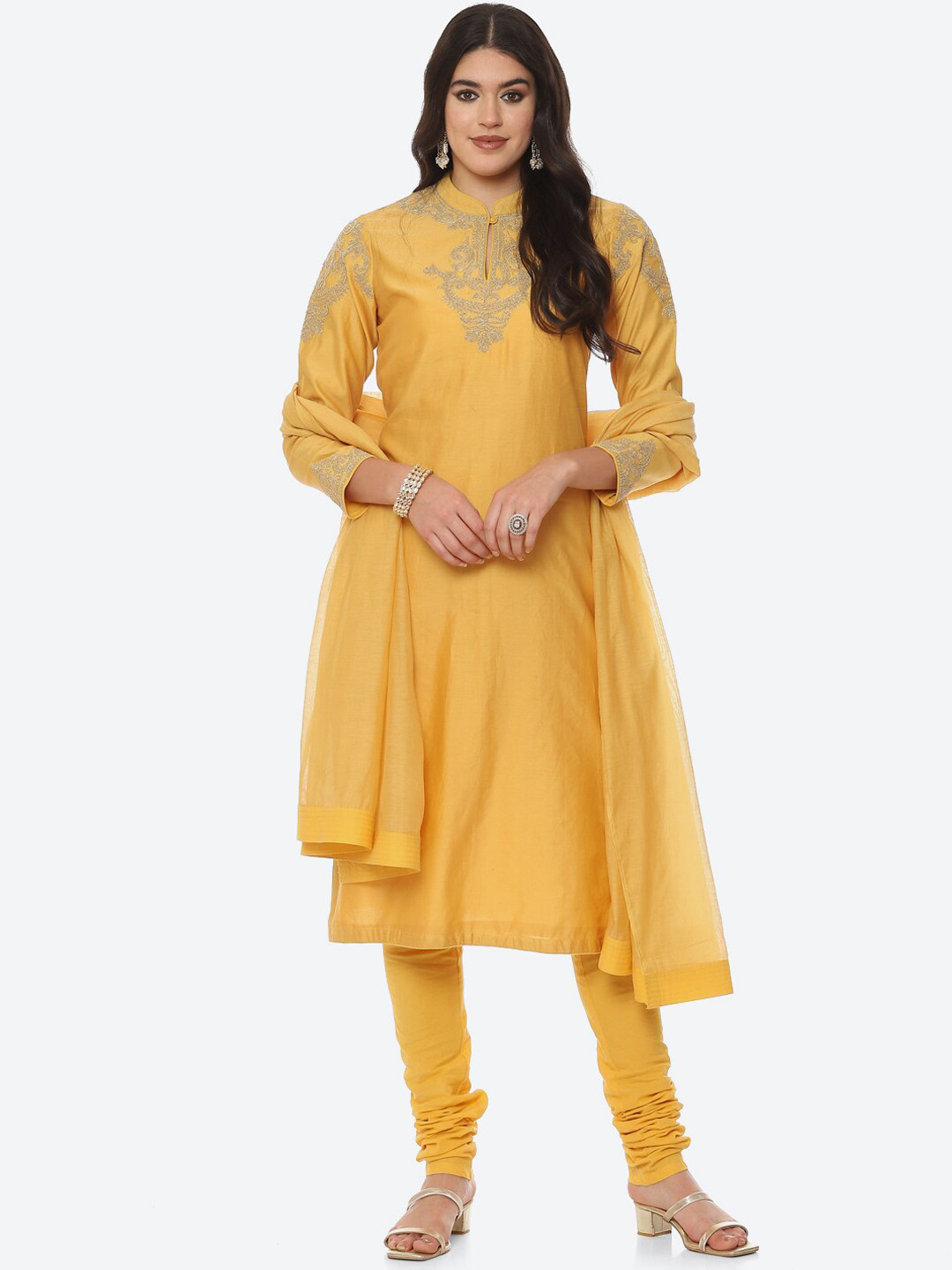 Biba by Rohit Bal by Rohit Bal Women Yellow Embroidered Chanderi Silk Kurta with Churidar & With Dupatta