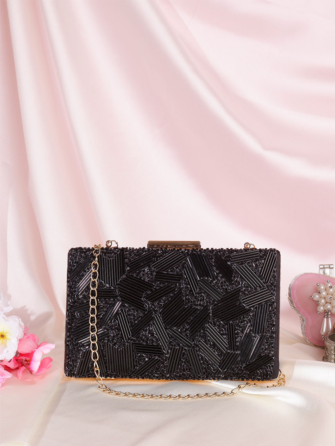 Swisni Black & Gold-Toned Textured Box Clutch