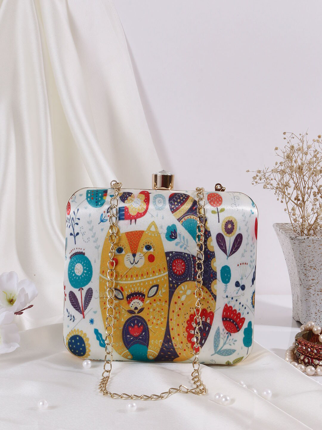 Swisni Yellow & White Printed Box Clutch