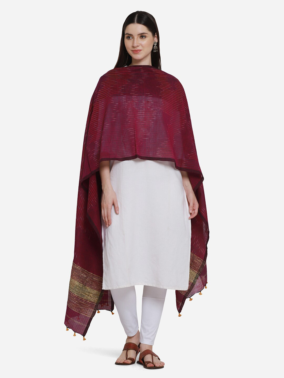 THE WEAVE TRAVELLER Women Magenta & Beige Striped Pure Cotton Dupatta