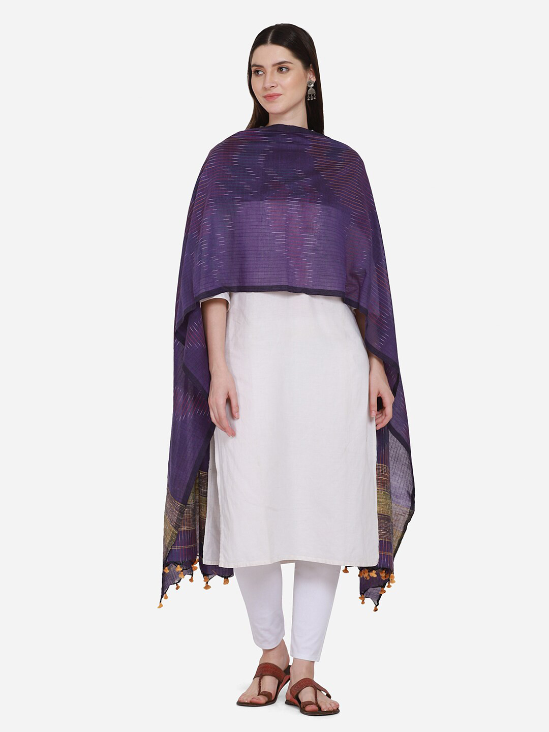 THE WEAVE TRAVELLER Purple & Gold-Toned Striped Pure Cotton Dupatta