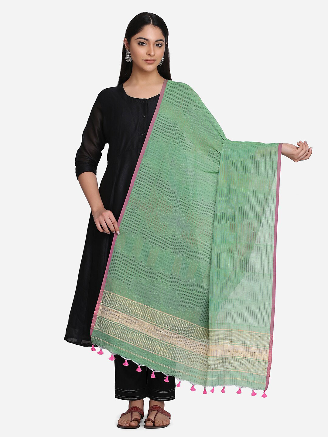 THE WEAVE TRAVELLER Green & Pink Striped Pure Cotton Dupatta