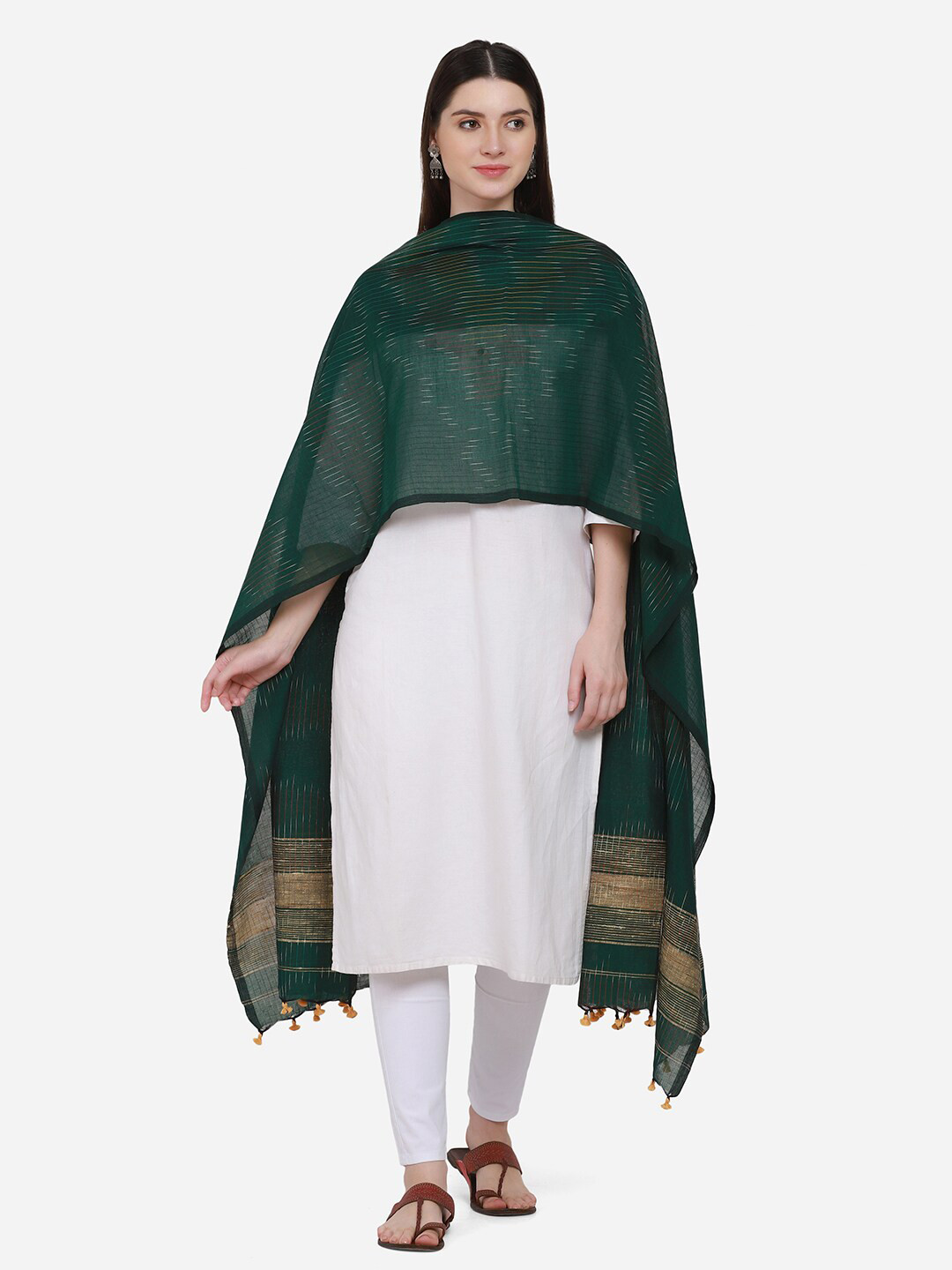 THE WEAVE TRAVELLER Women Green & Beige Striped Pure Cotton Dupatta