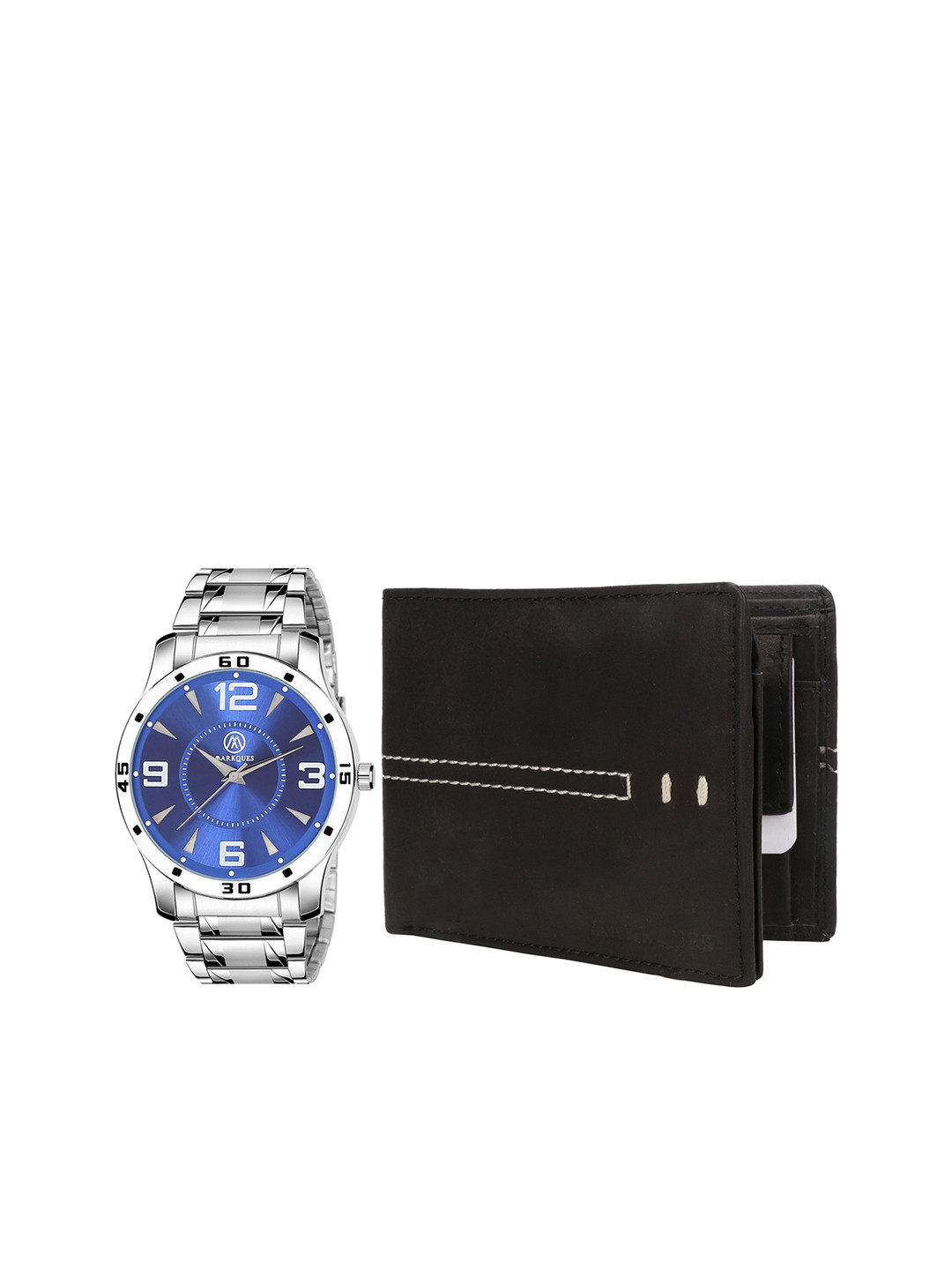 MARKQUES Men Black & Silver Watch And Leather Wallet Gift Set
