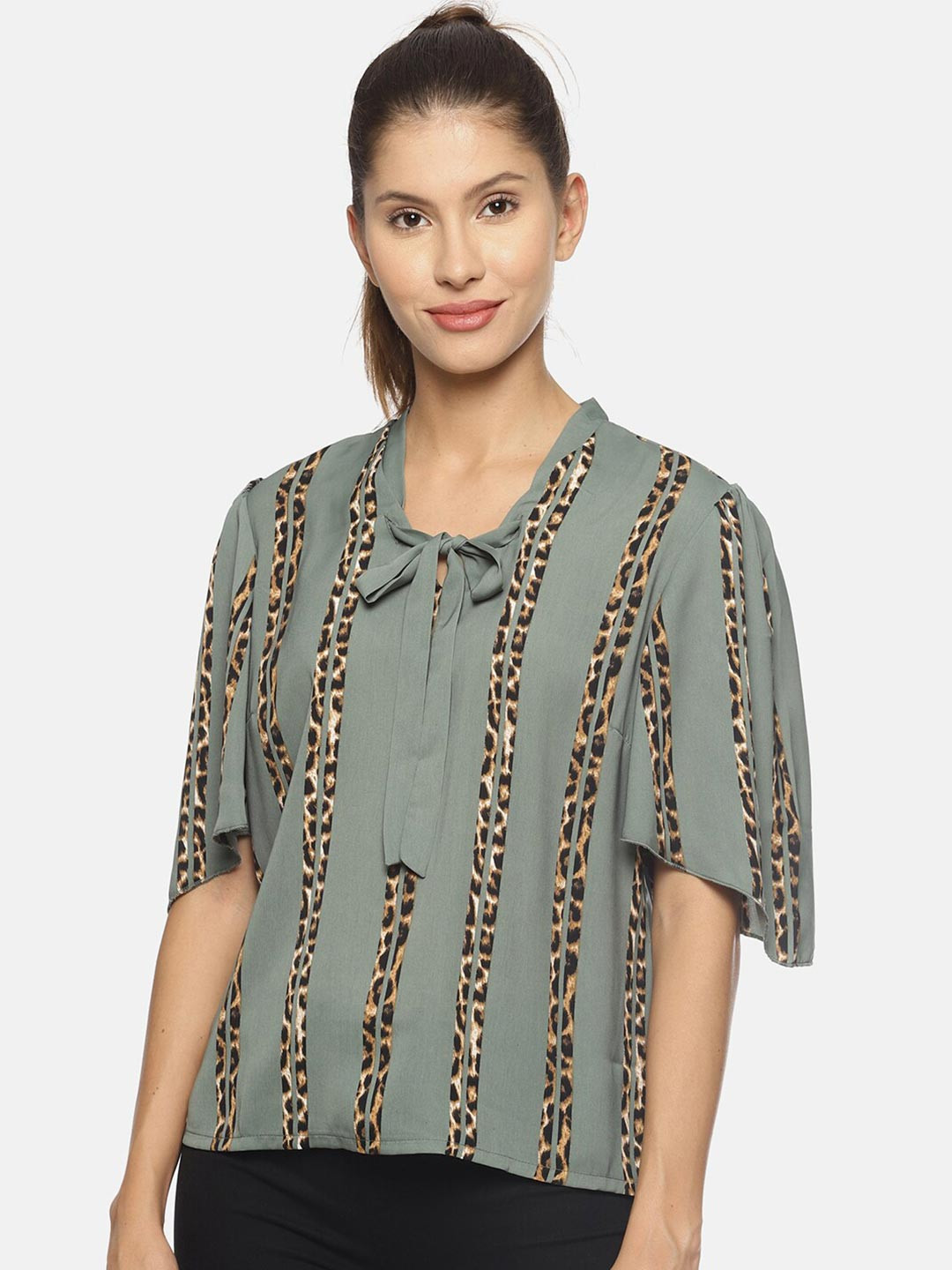 SAHORA Women Geometric Print Tie-Up Neck Satin Top