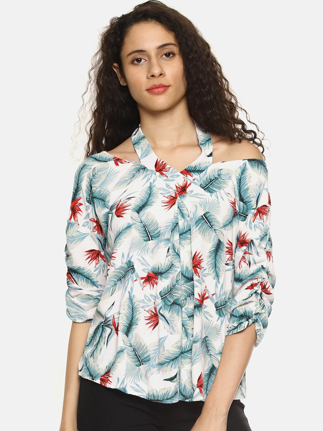 SAHORA Off Women Floral Print Halter Neck Tropical Crepe Shirt Style Top