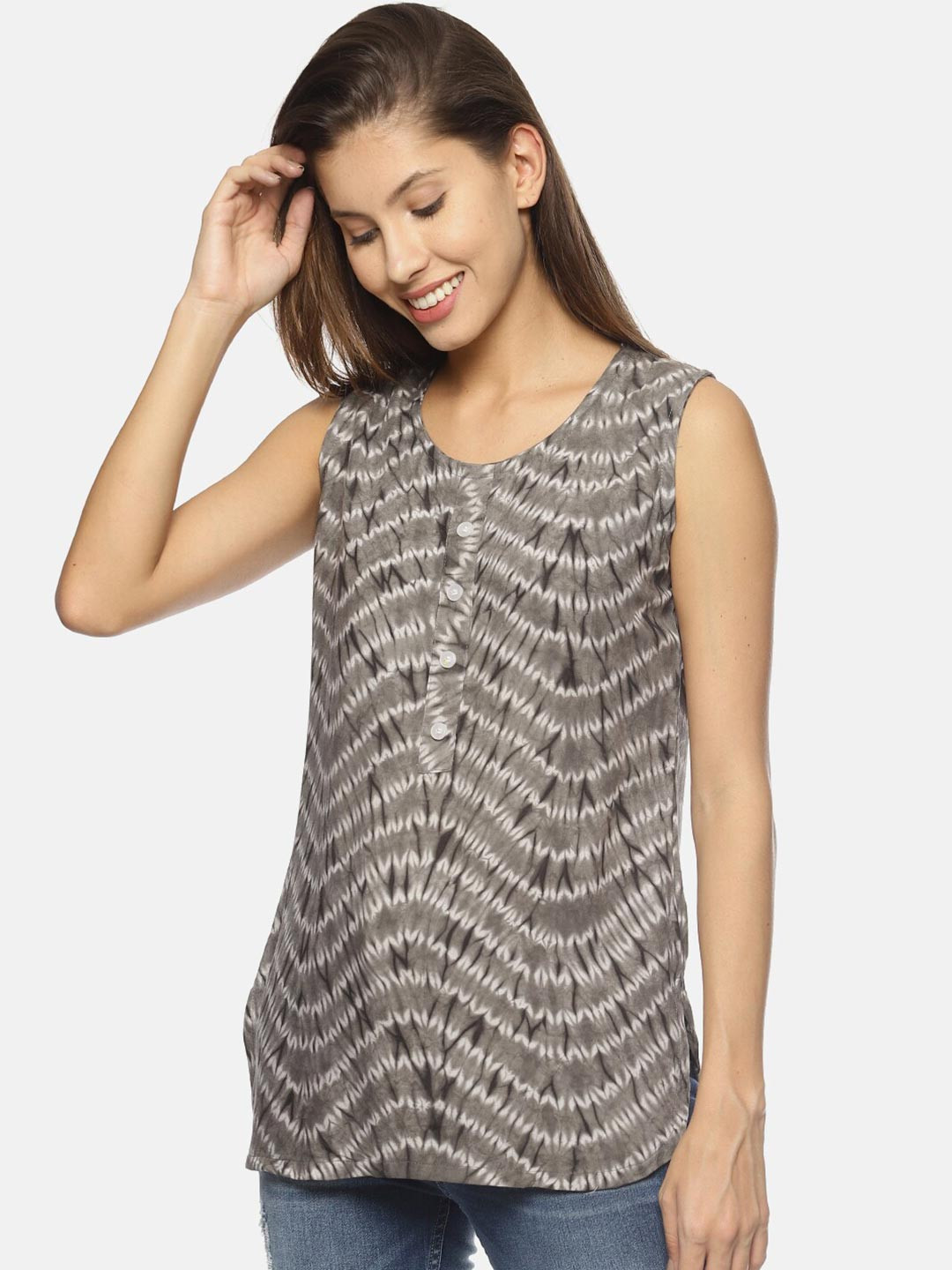 SAHORA Women Grey Printed Tie & Dye Top