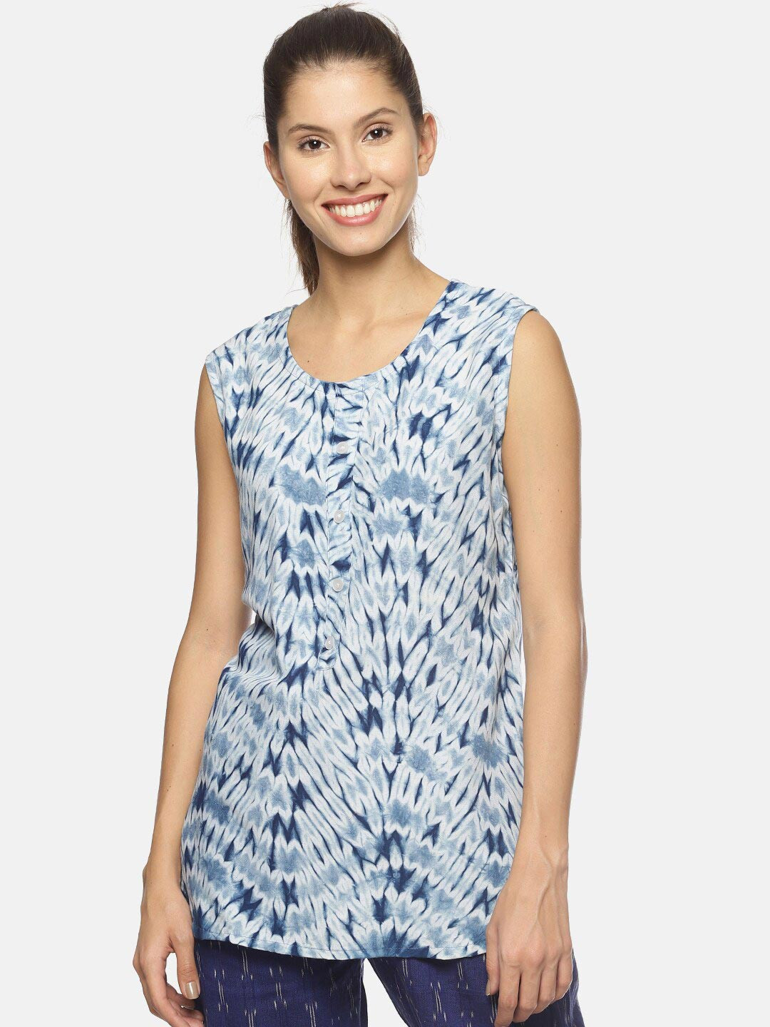 SAHORA Women Blue Printed Tie & Dye Top