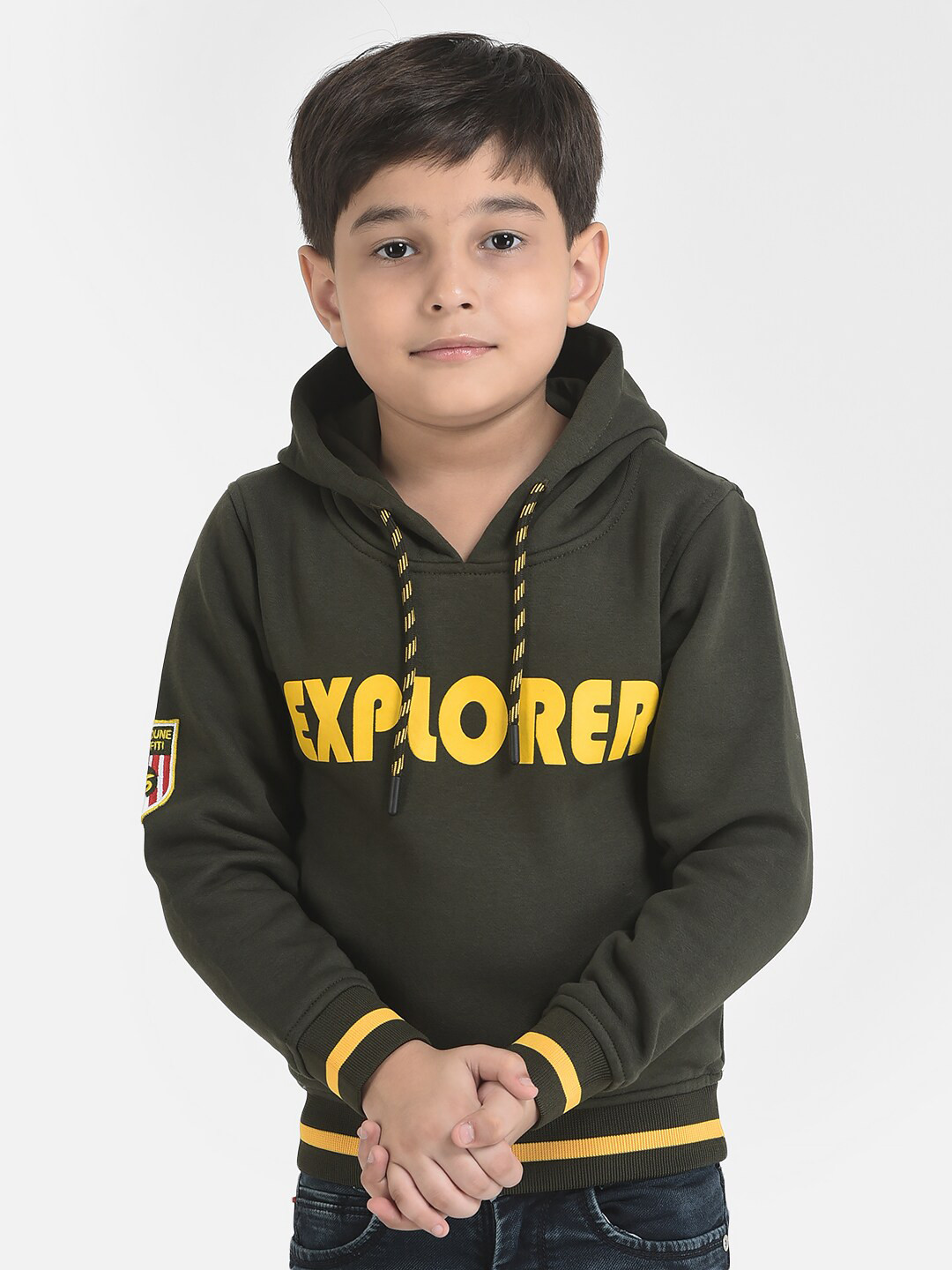Crimsoune Club Boys Olive Green Explorer Printed Hooded Sweatshirt