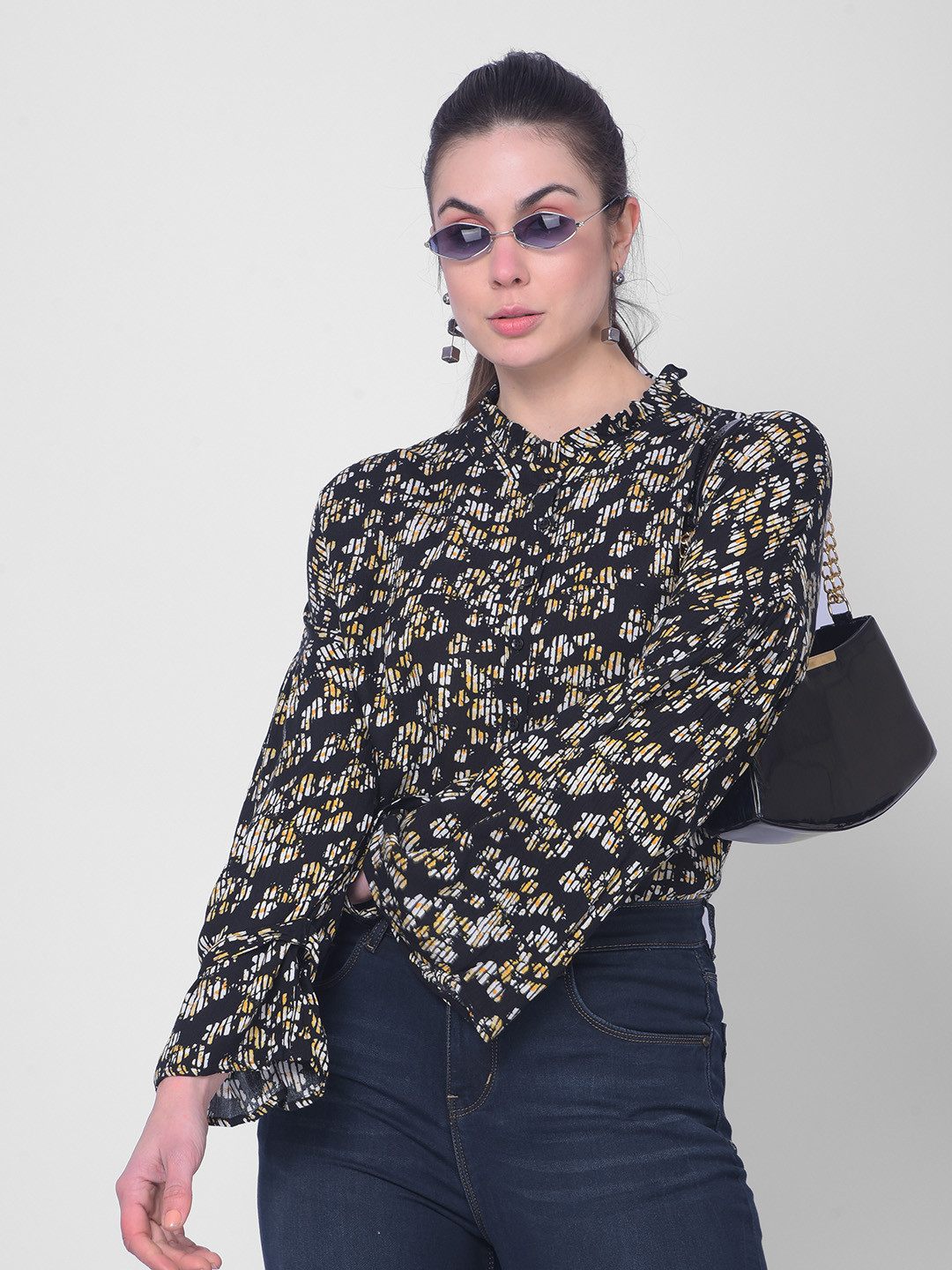 Crimsoune Club Black Floral Print Shirt Style Top