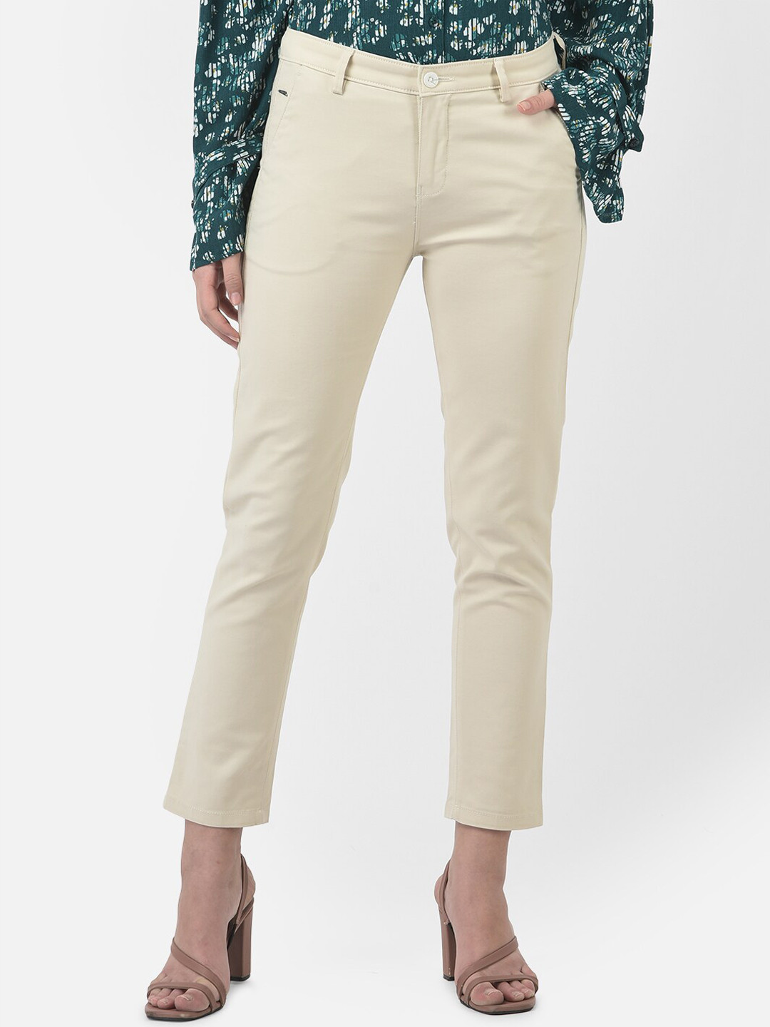 Crimsoune Club Women Cream-Coloured Urban Slim Fit Cotton Trousers