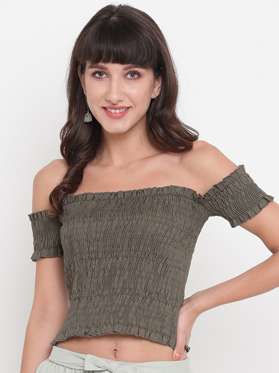 Aawari Olive Green Off-Shoulder Smocked Bardot Crop Top