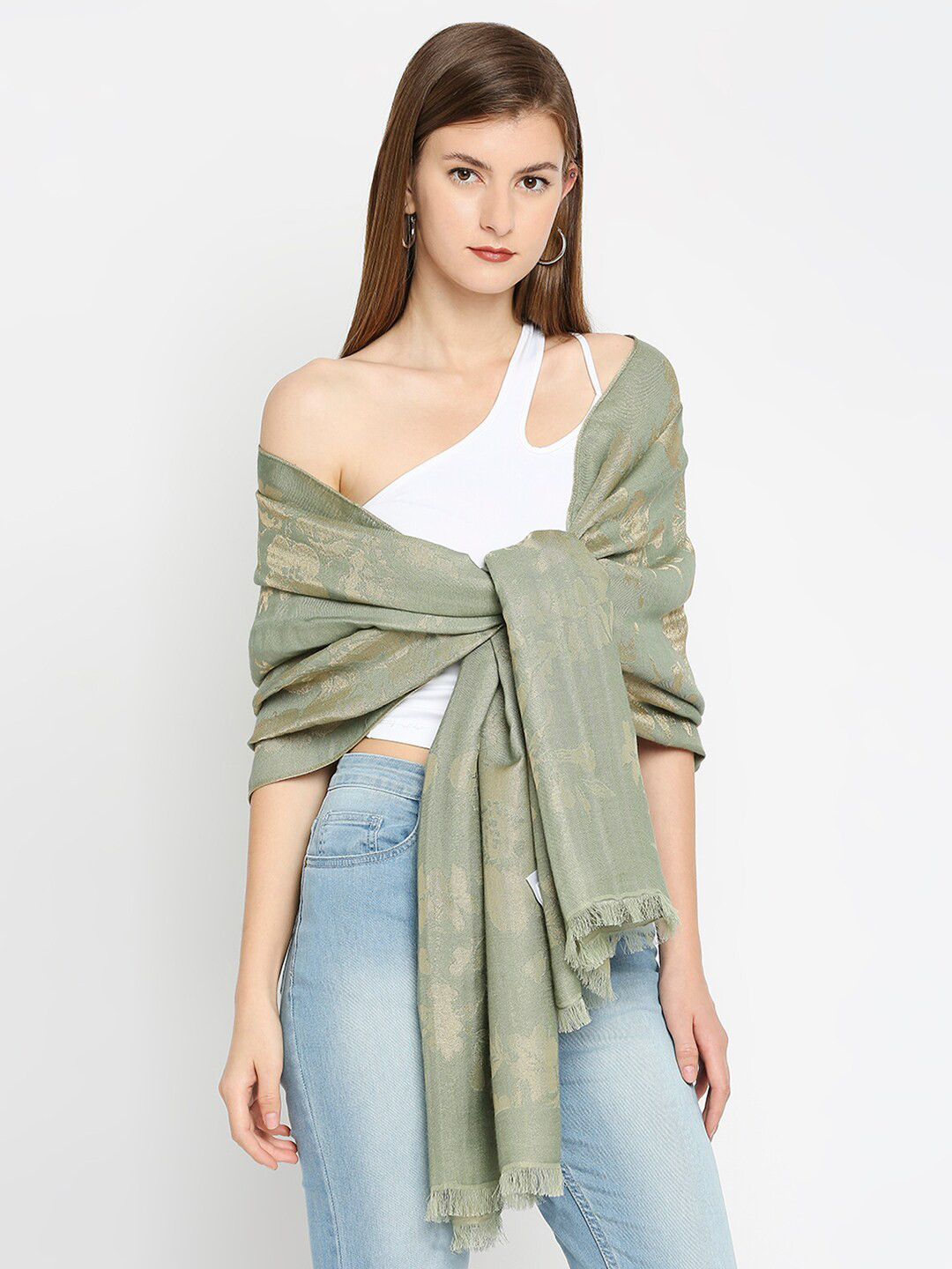 Cloth Haus India Women Green Froral Design Brocade Scarf