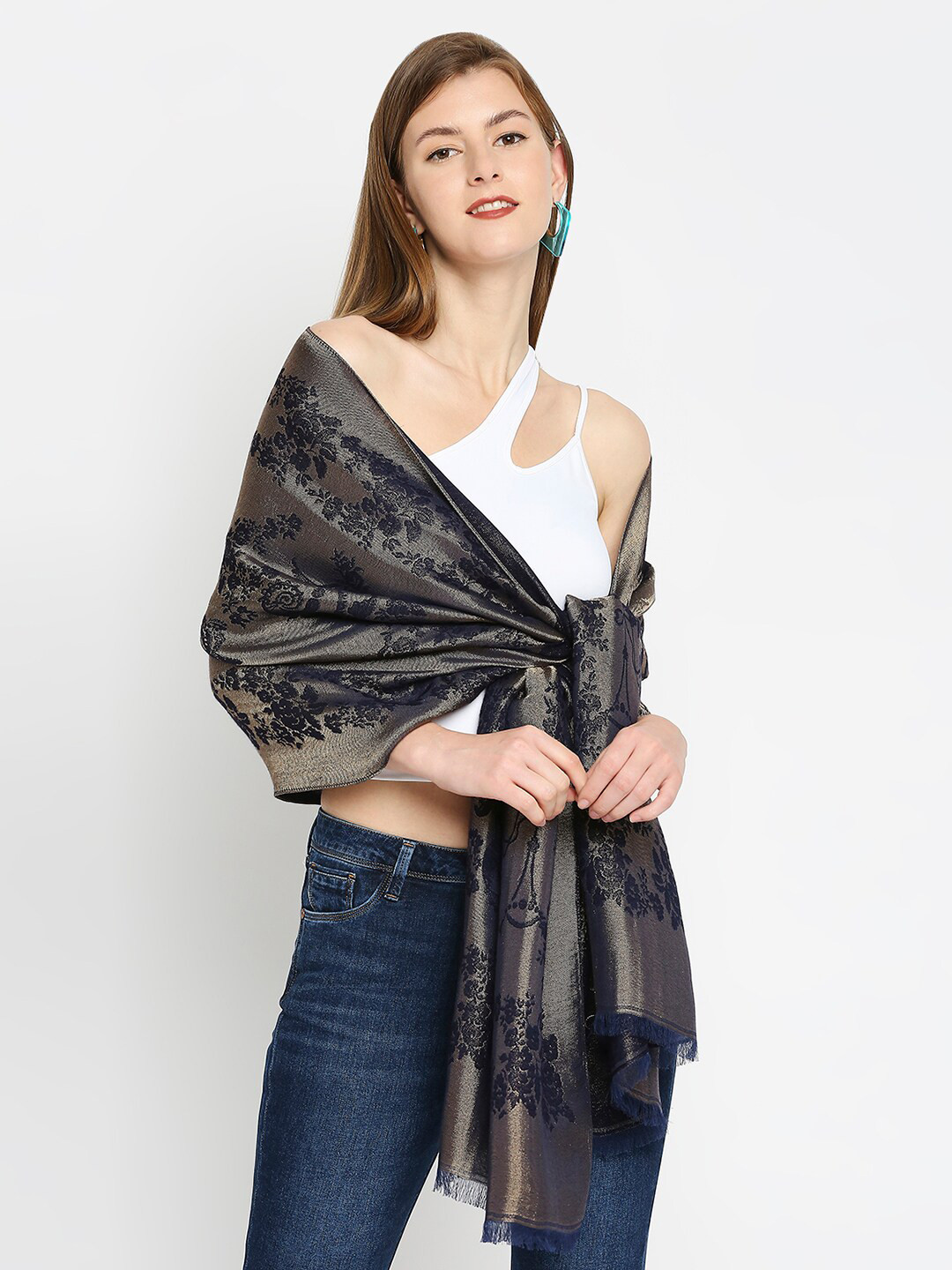 Cloth Haus India Women Navy Blue Floaral Design Brocade Scarf