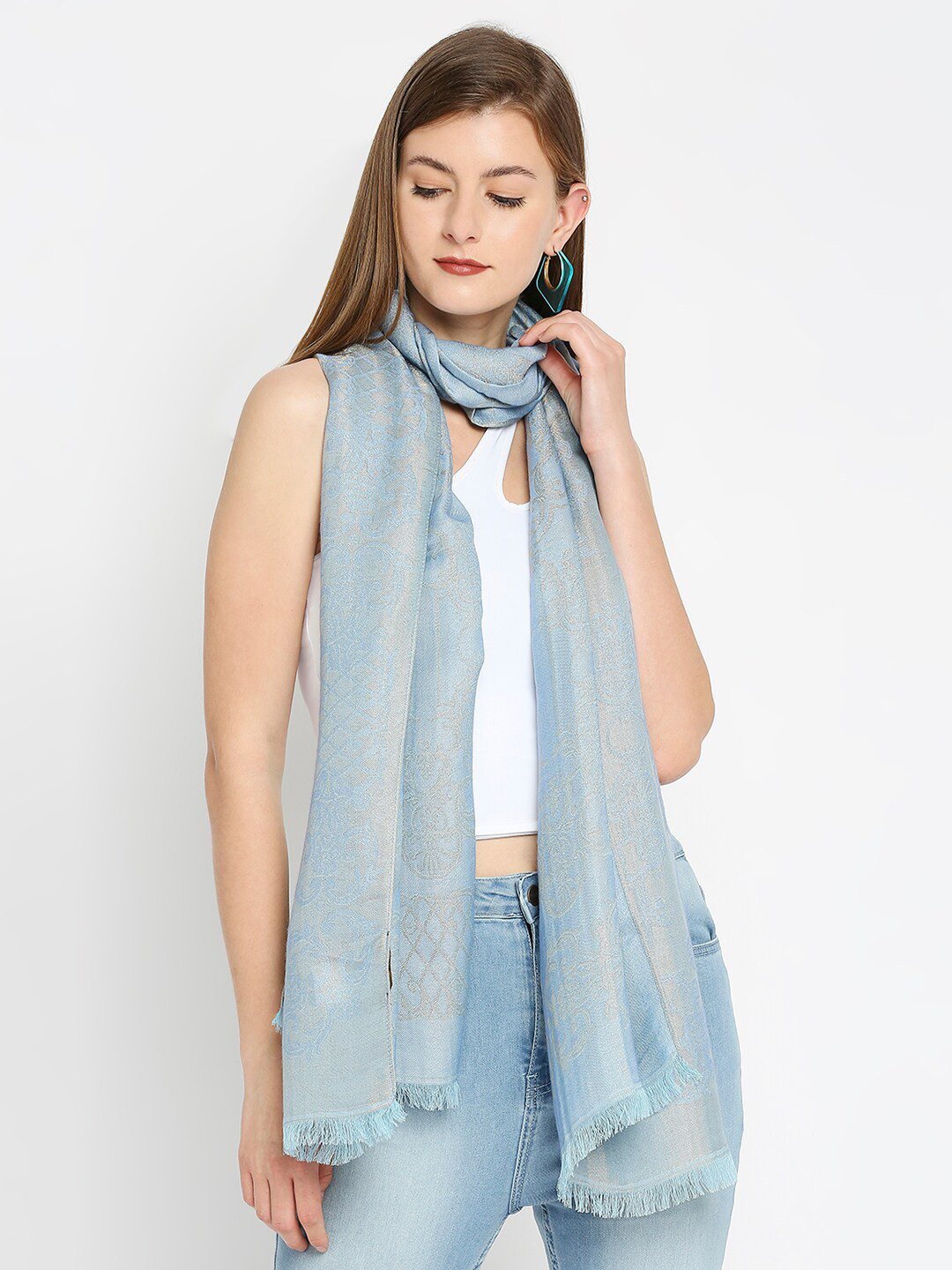 Cloth Haus India Women Blue & Gold-Weaved Floral Design Brocade Scarf