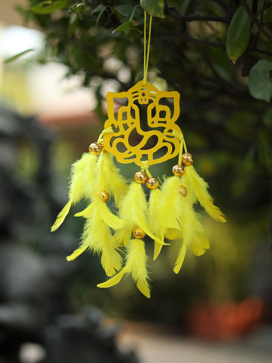 DULI Yellow Lord Ganesha Dream Catcher Car Hanging with Feathers