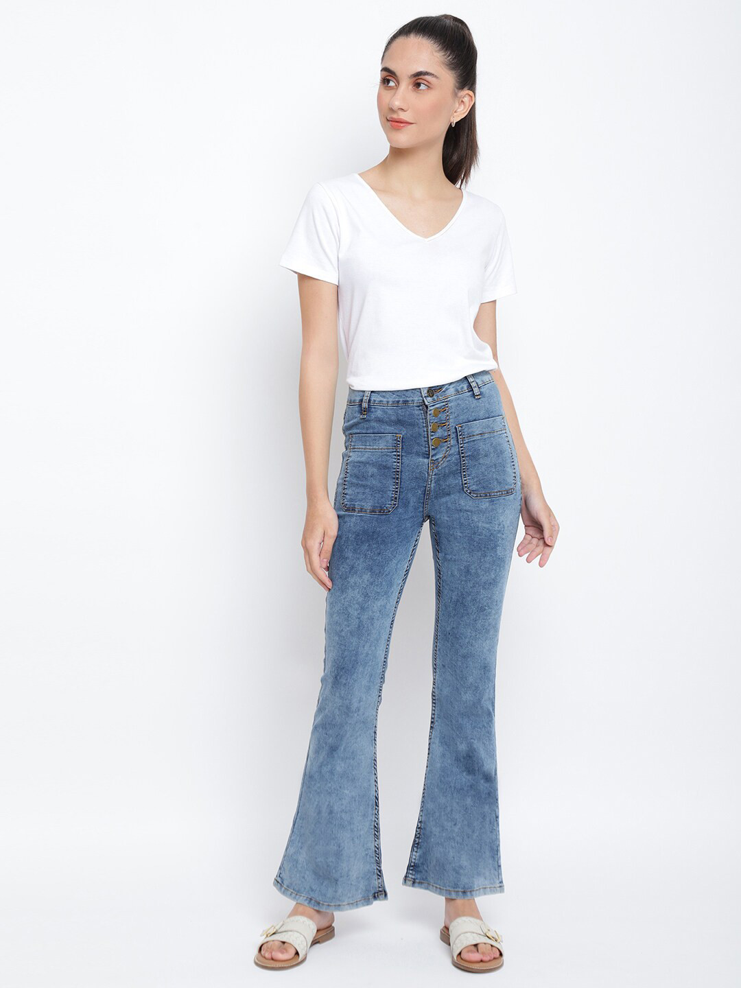 TALES & STORIES Women Blue Flared Light Fade Stretchable Jeans
