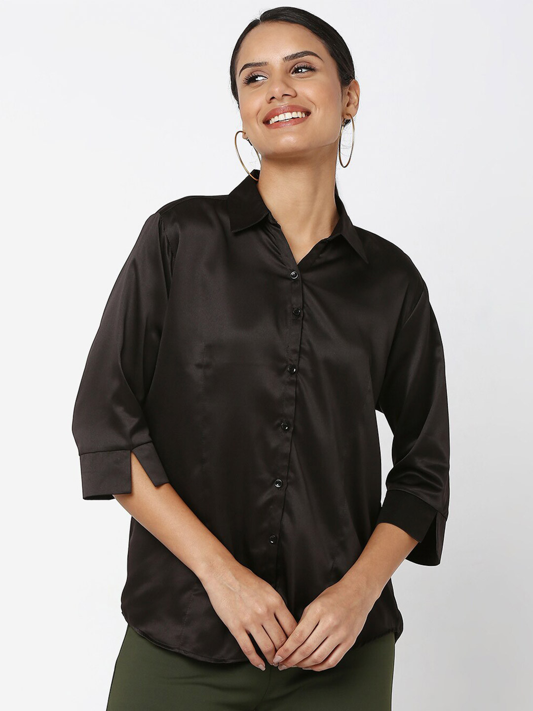 Smarty Pants Women Black Satin Casual Shirt