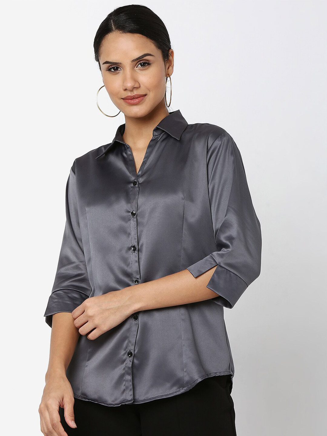 Smarty Pants Women Grey Satin Casual Shirt