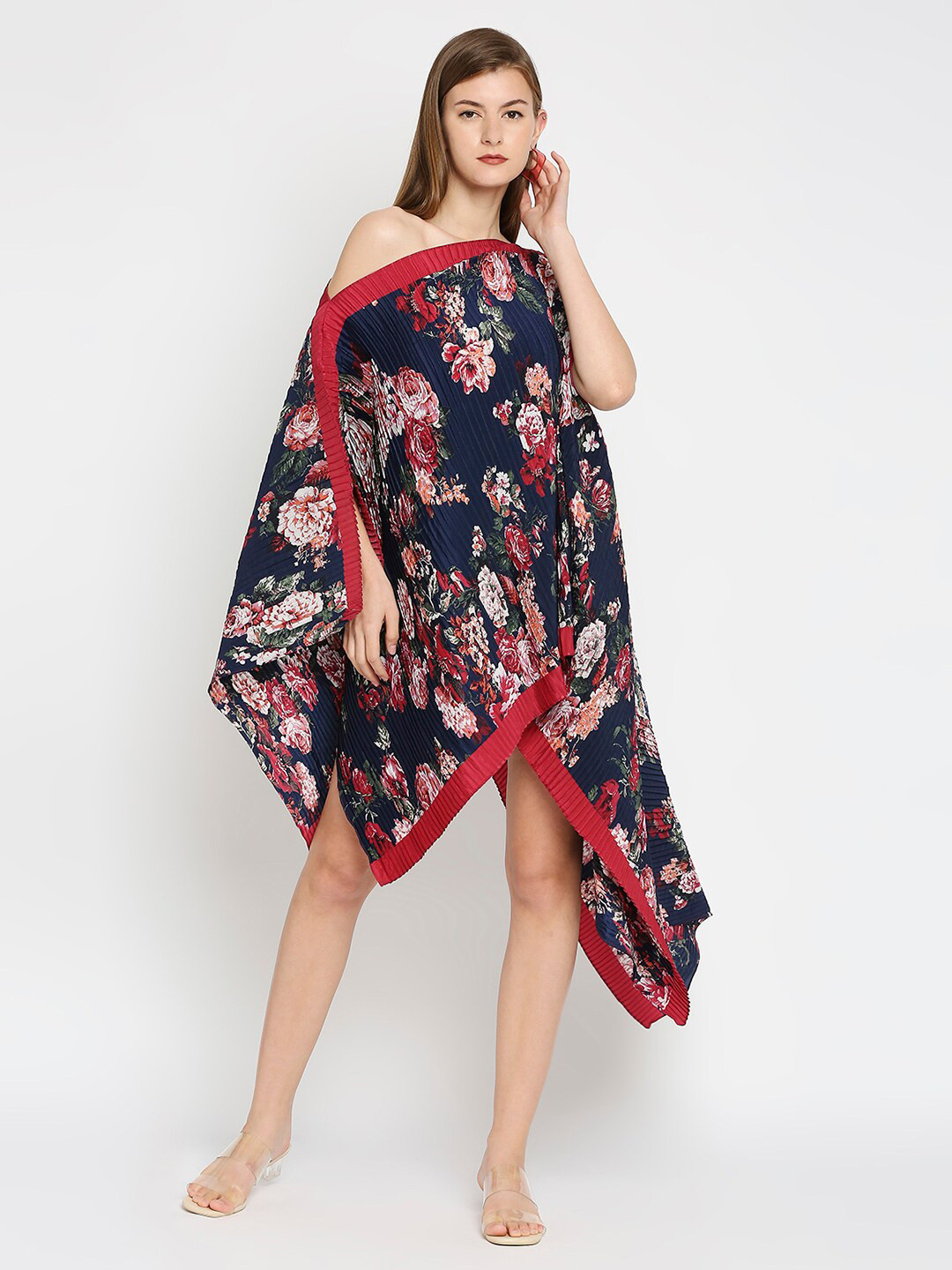 Cloth Haus India Women Navy Blue & Red Floral Printed One Shoulder Pleated Poncho